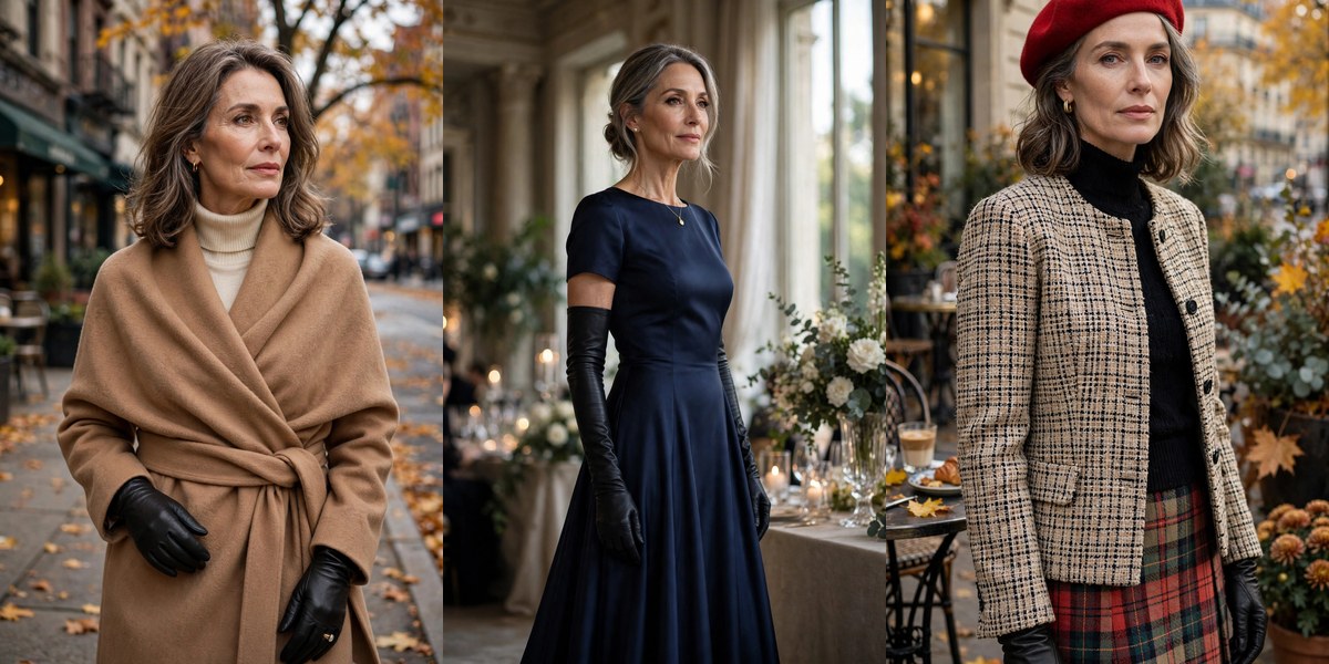 How to wear leather gloves over 50: elegant winter outfit ideas collage