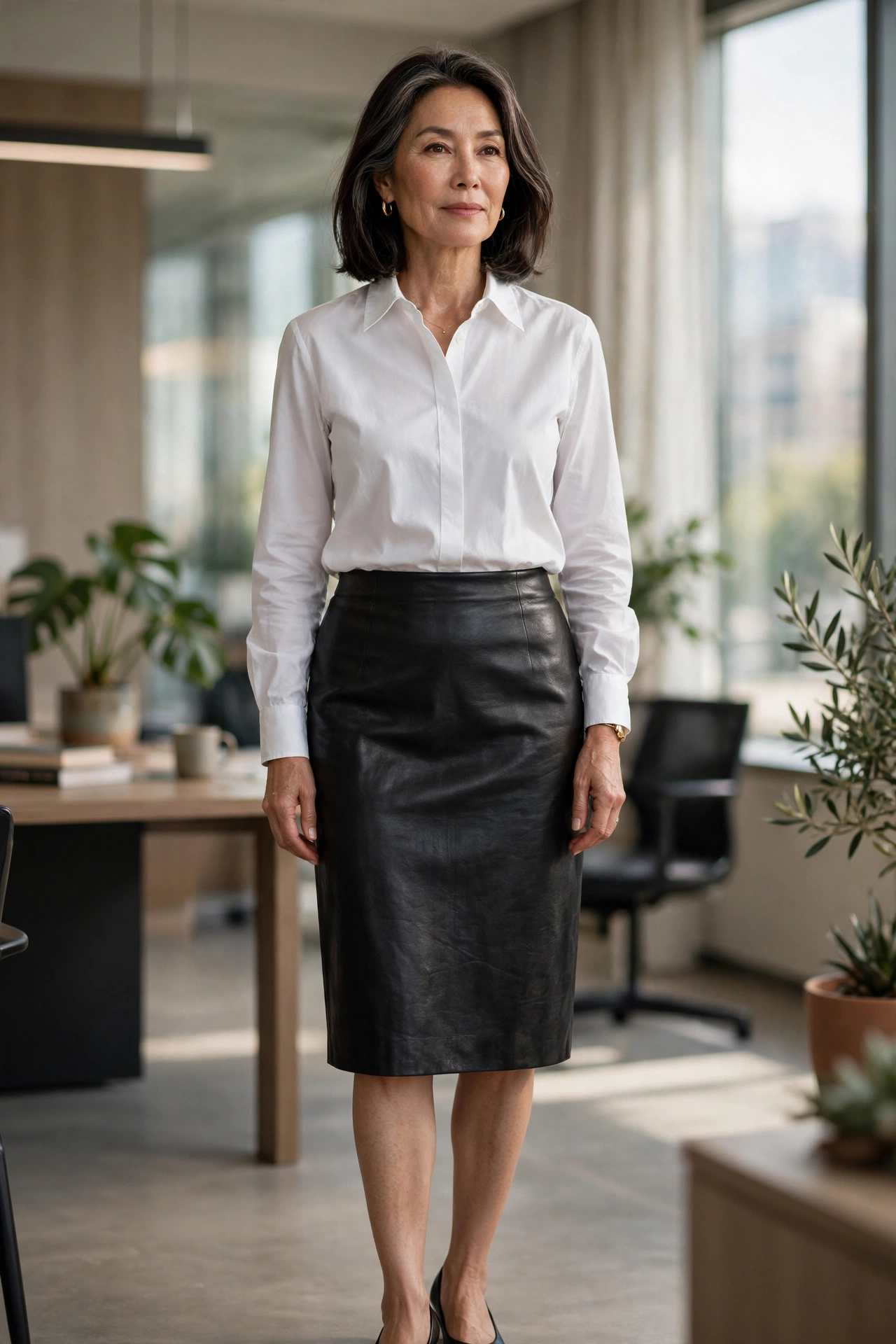 Black Leather Pencil White Shirt Office - leather skirt outfit for women over 50