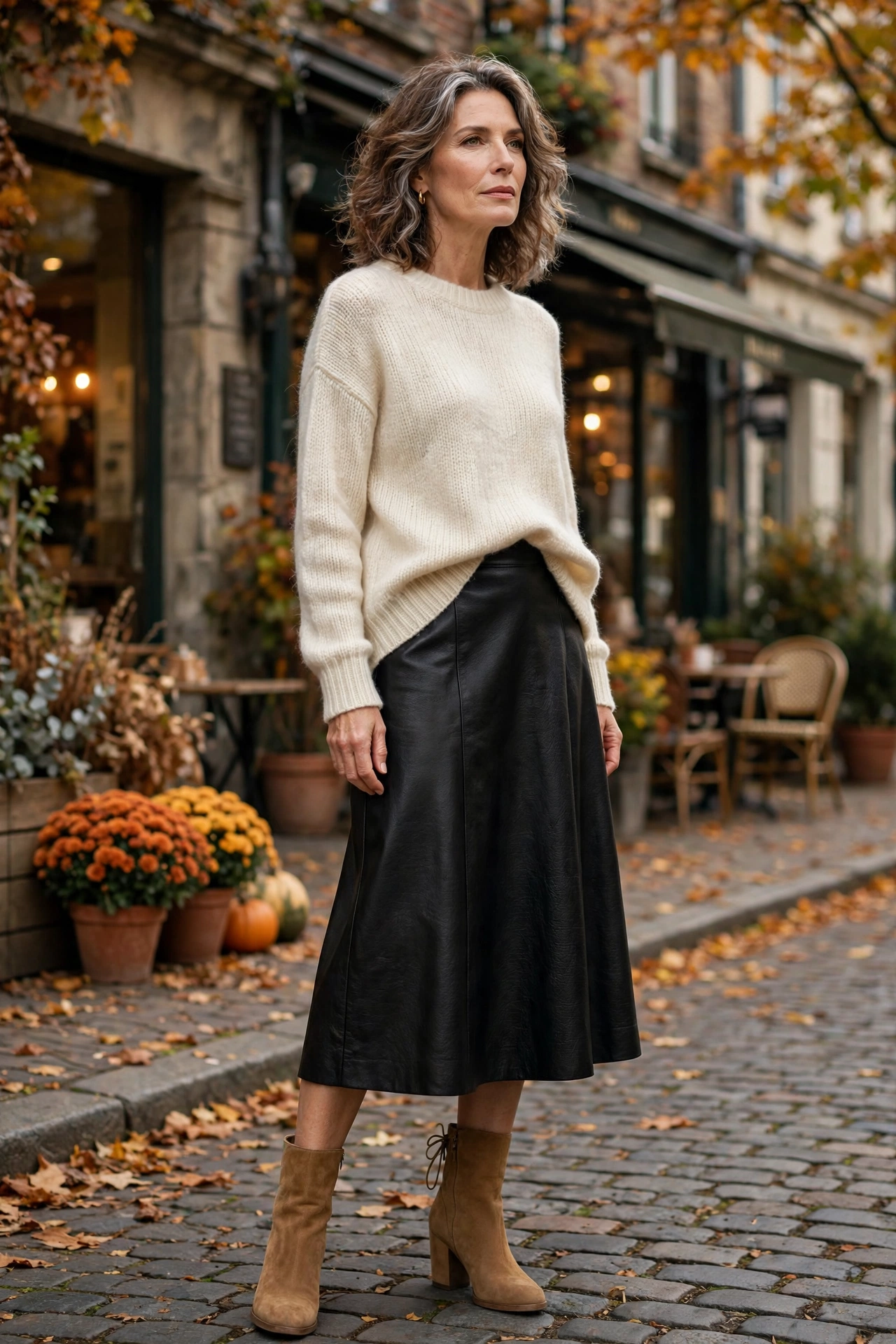 Black Leather Midi Cream Knit Sweater - leather skirt outfit for women over 50