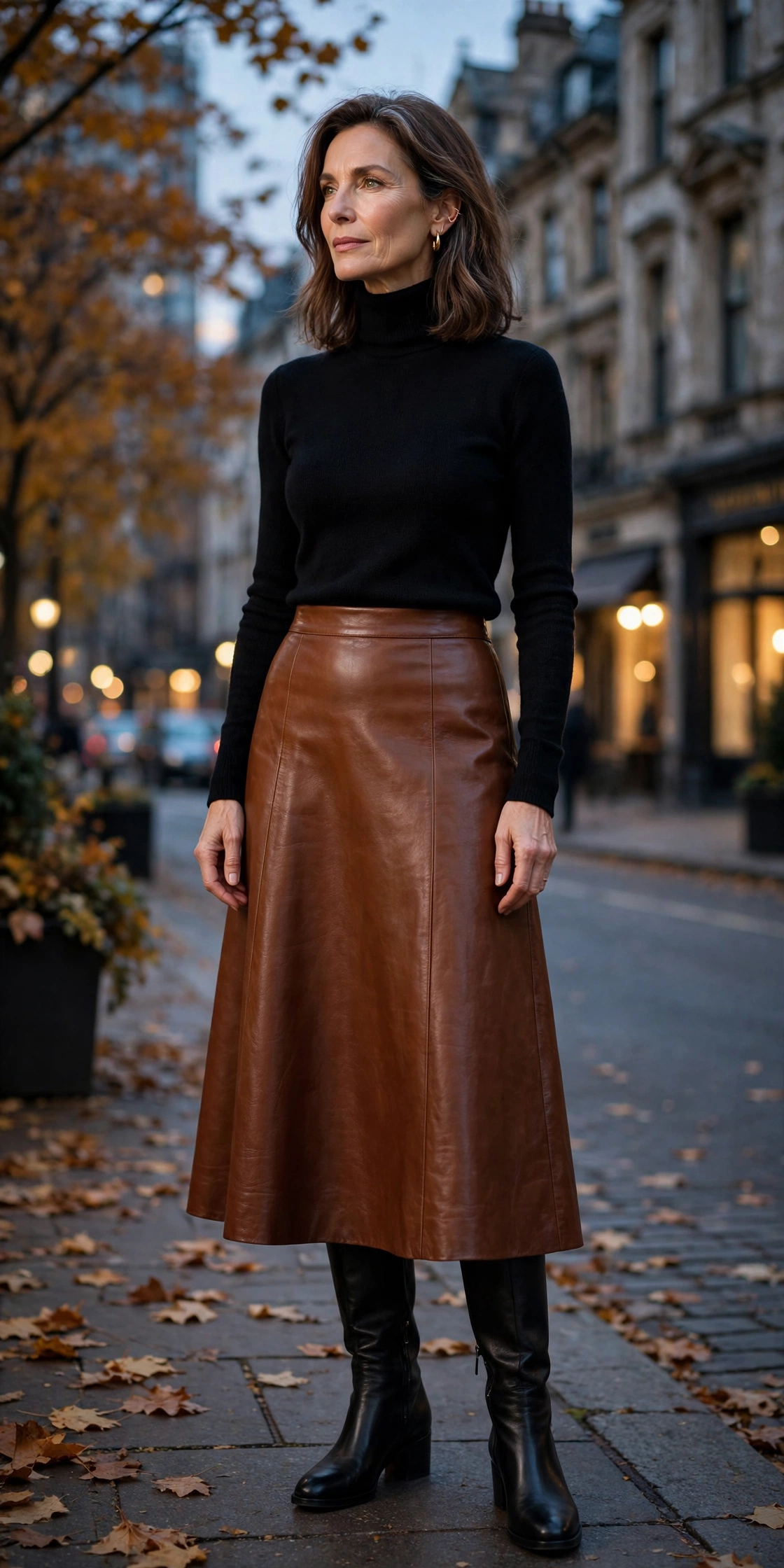 Cognac Leather Midi Black Turtleneck - leather skirt outfit for women over 50