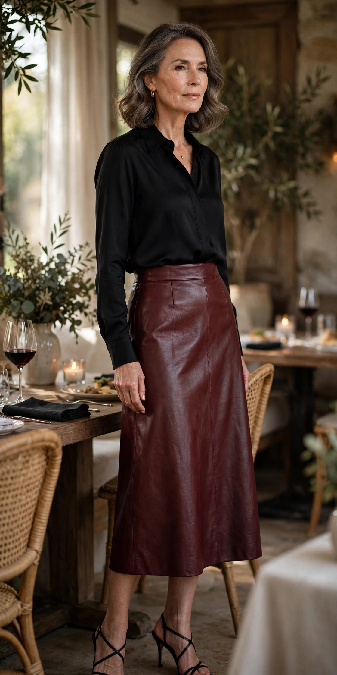 Burgundy Leather Midi Black Blouse - leather skirt outfit for women over 50