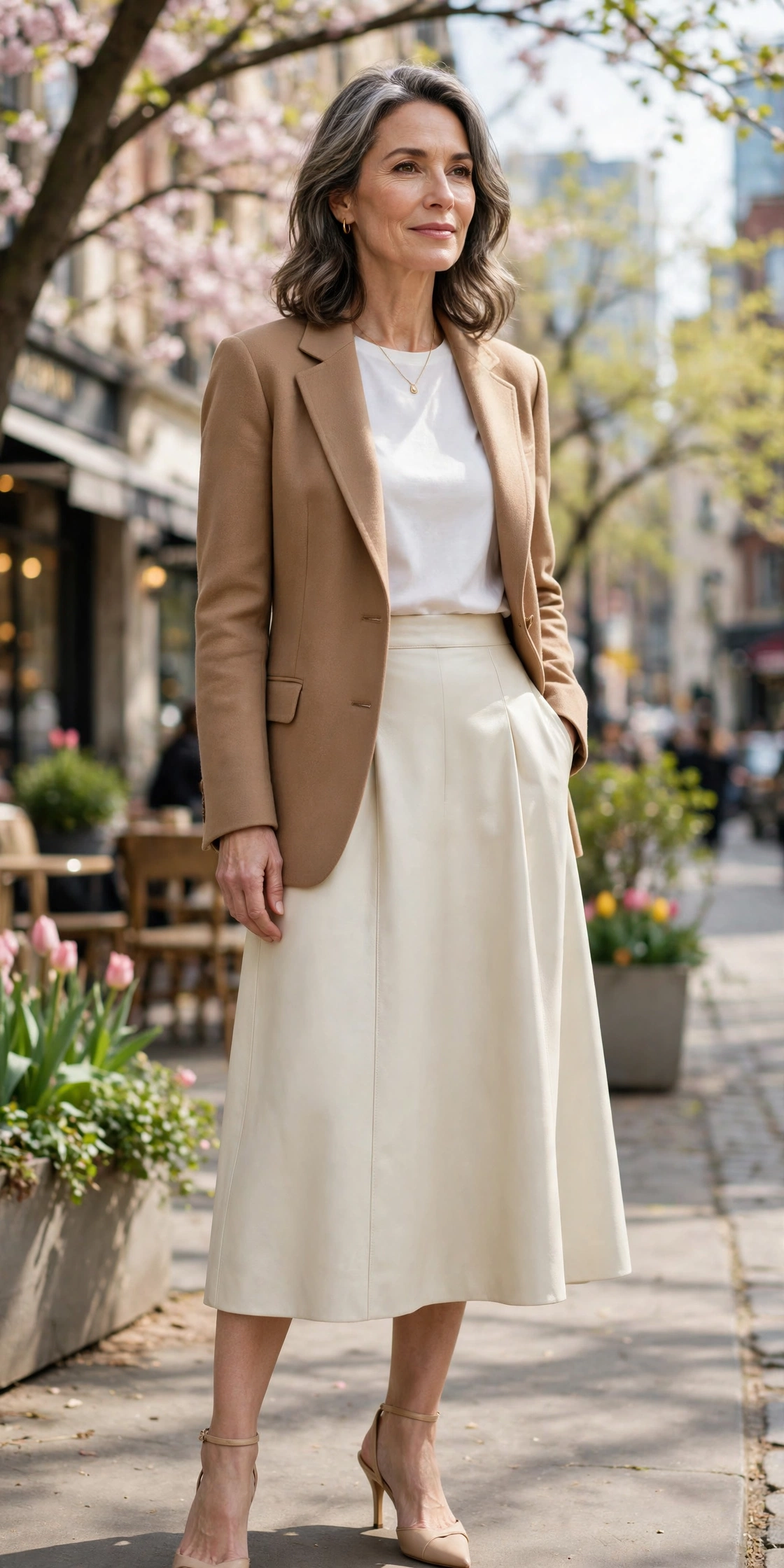 Ivory Leather Midi Camel Blazer - leather skirt outfit for women over 50