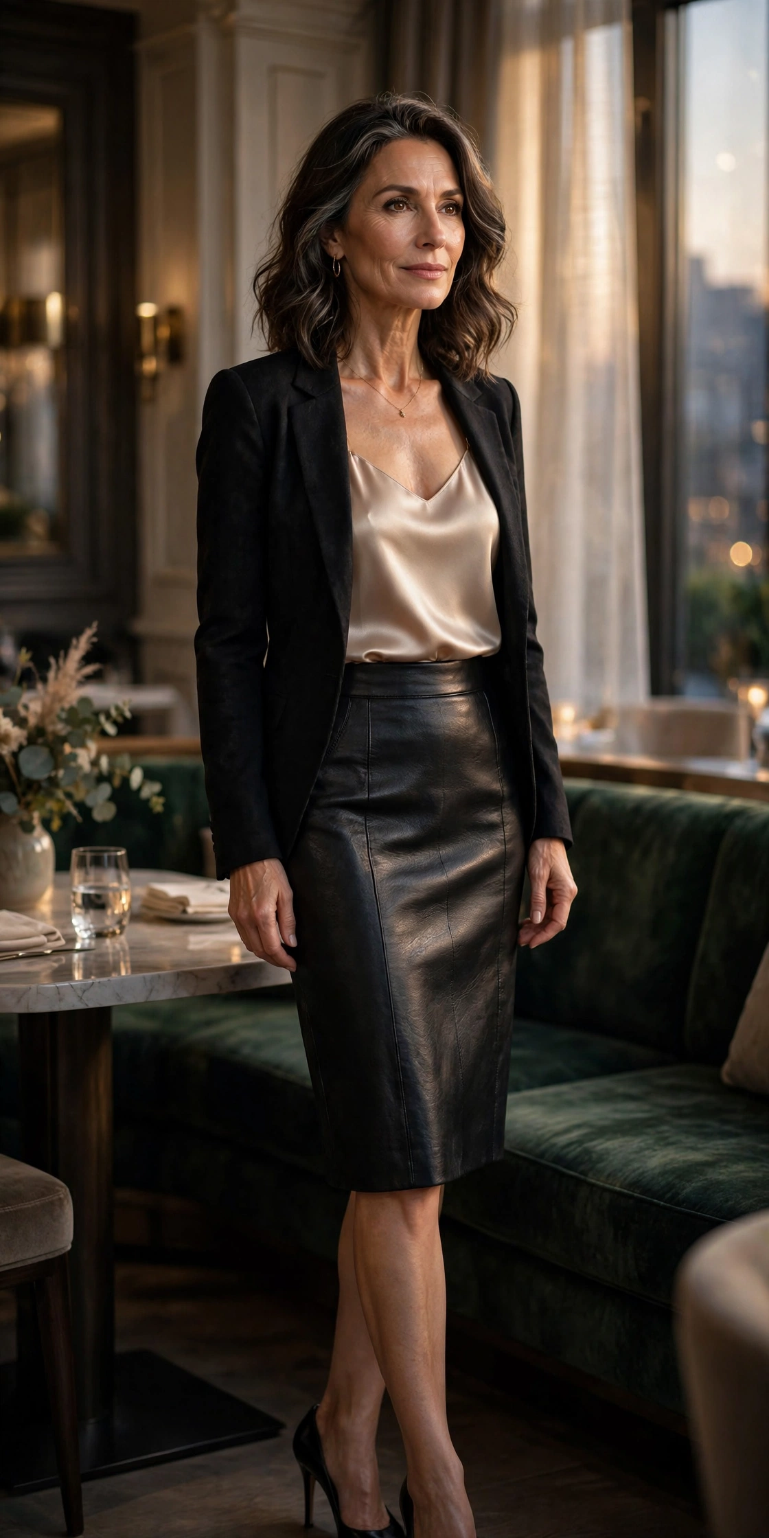Black Leather Pencil Silk Cami Blazer Evening - leather skirt outfit for women over 50
