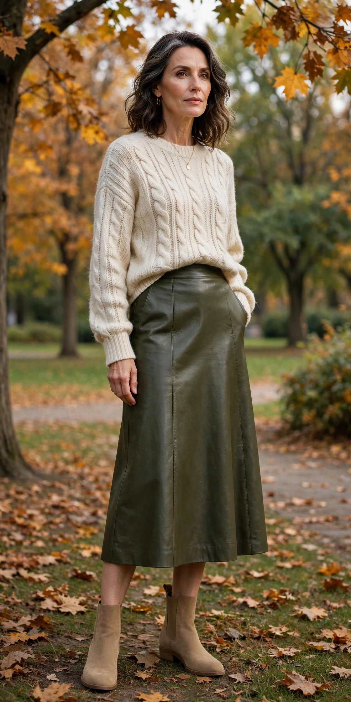 Olive Leather Midi Cream Sweater - leather skirt outfit for women over 50
