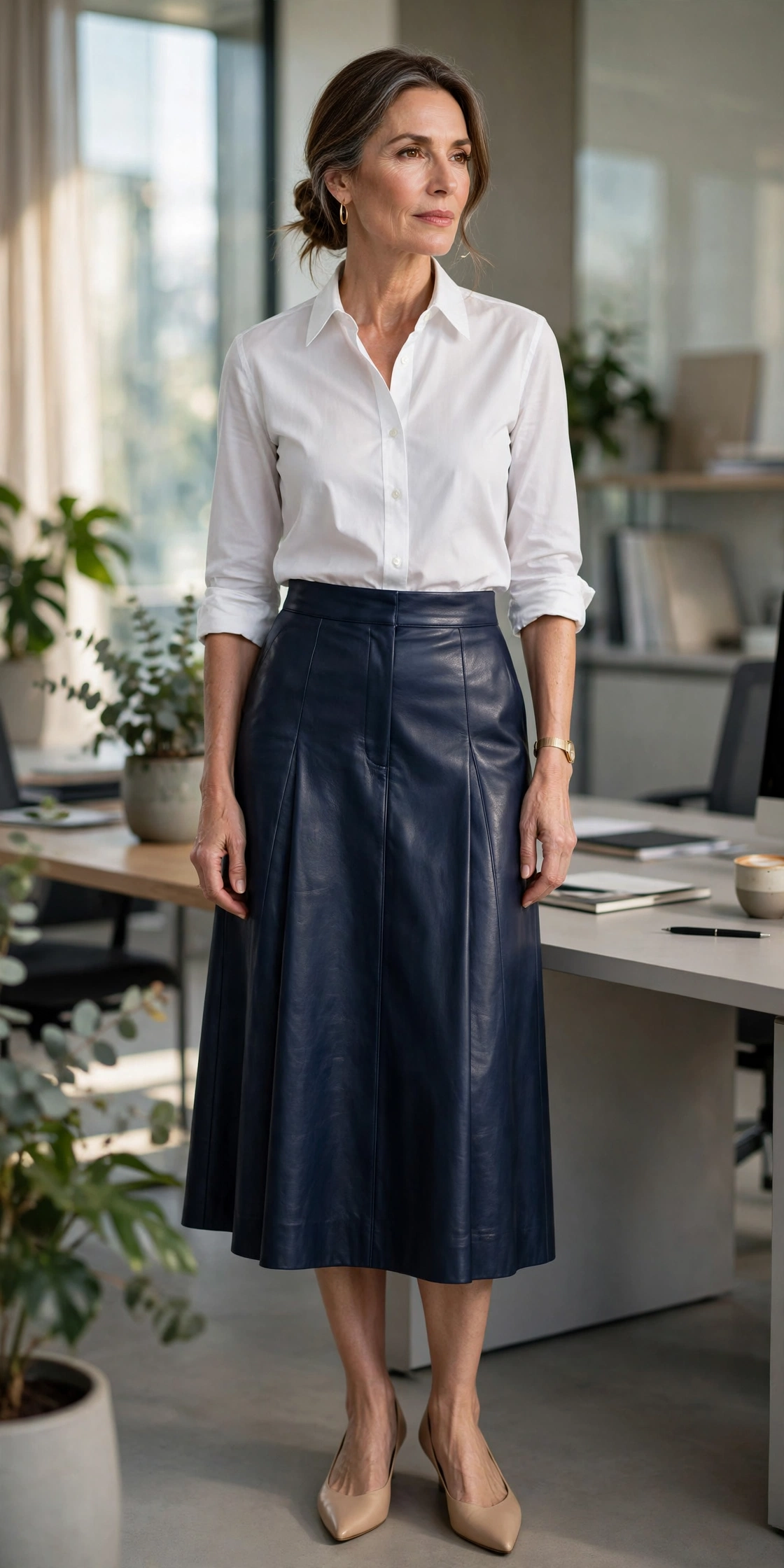 Navy Leather Midi White Shirt - leather skirt outfit for women over 50