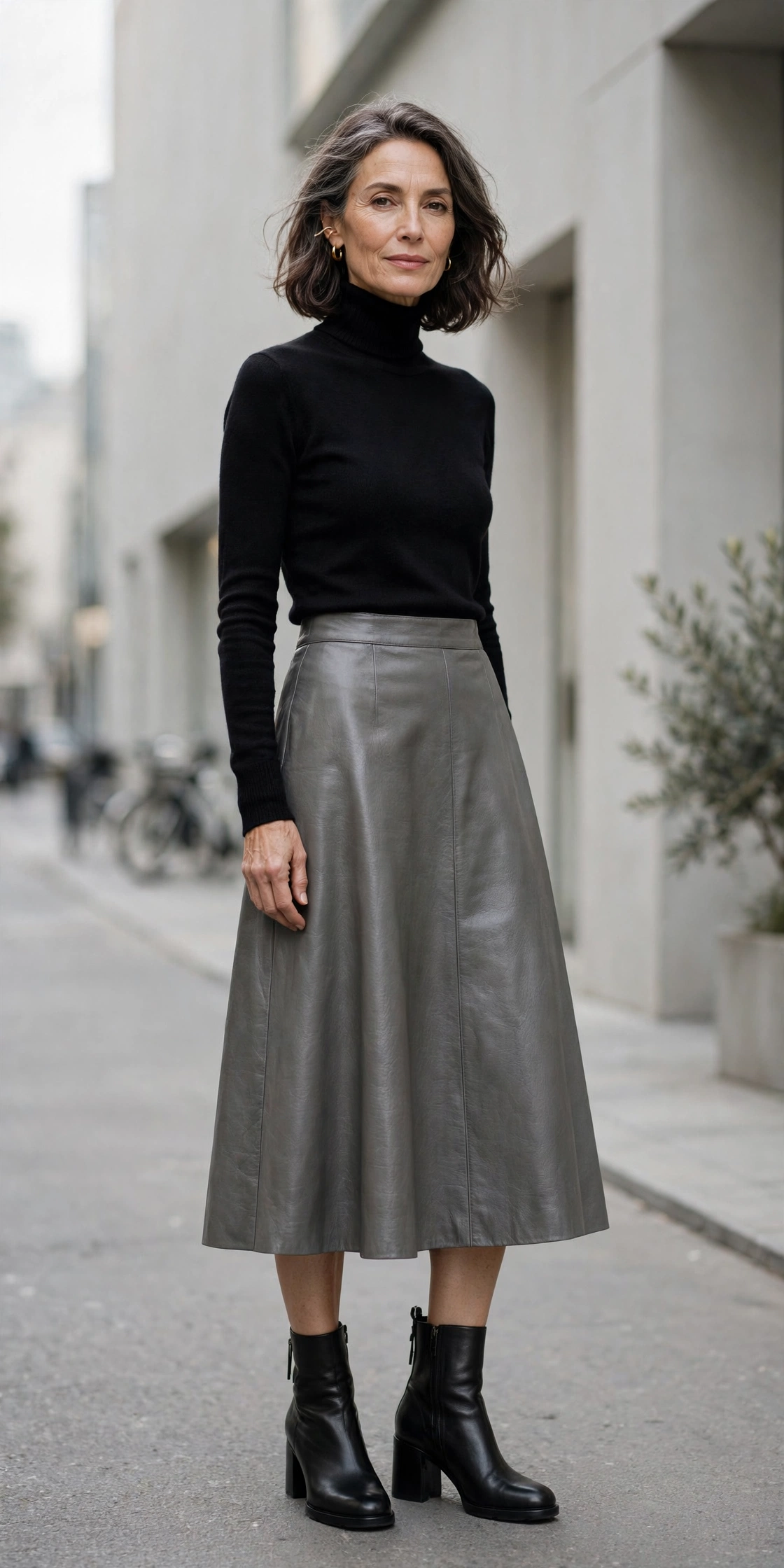 Gray Leather Midi Black Turtleneck - leather skirt outfit for women over 50