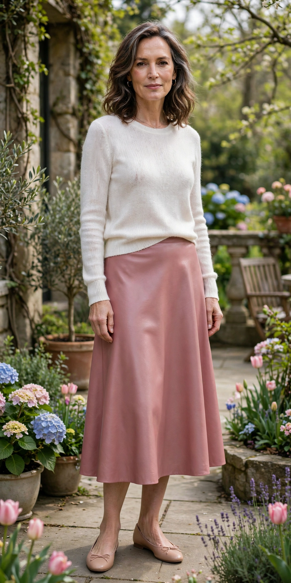 Pink Leather Midi White Knit - leather skirt outfit for women over 50