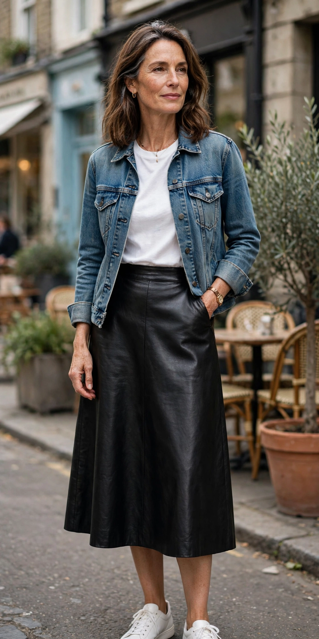 Black Leather Midi Denim Jacket Tee Casual - leather skirt outfit for women over 50