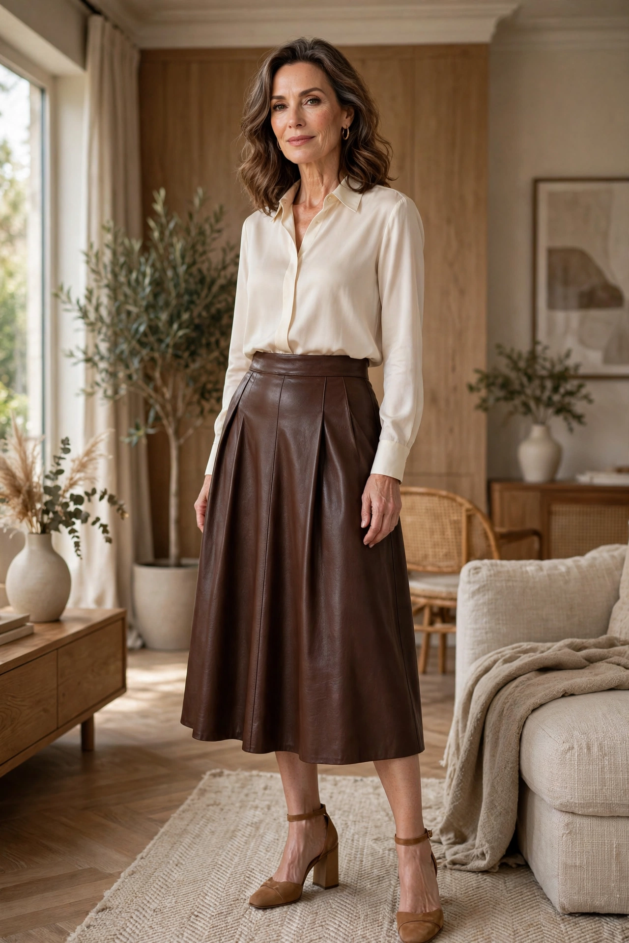 Chocolate Leather Midi Cream Blouse - leather skirt outfit for women over 50