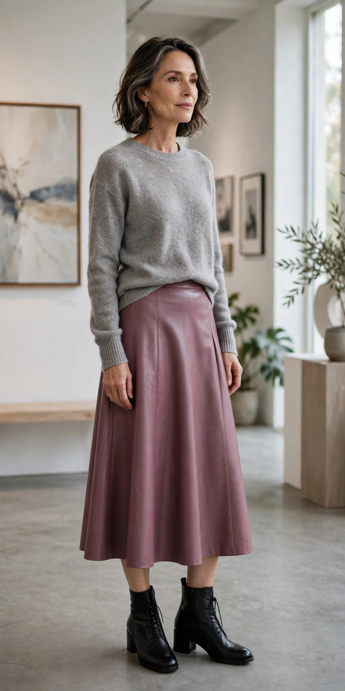 Mauve Leather Midi Gray Sweater - leather skirt outfit for women over 50