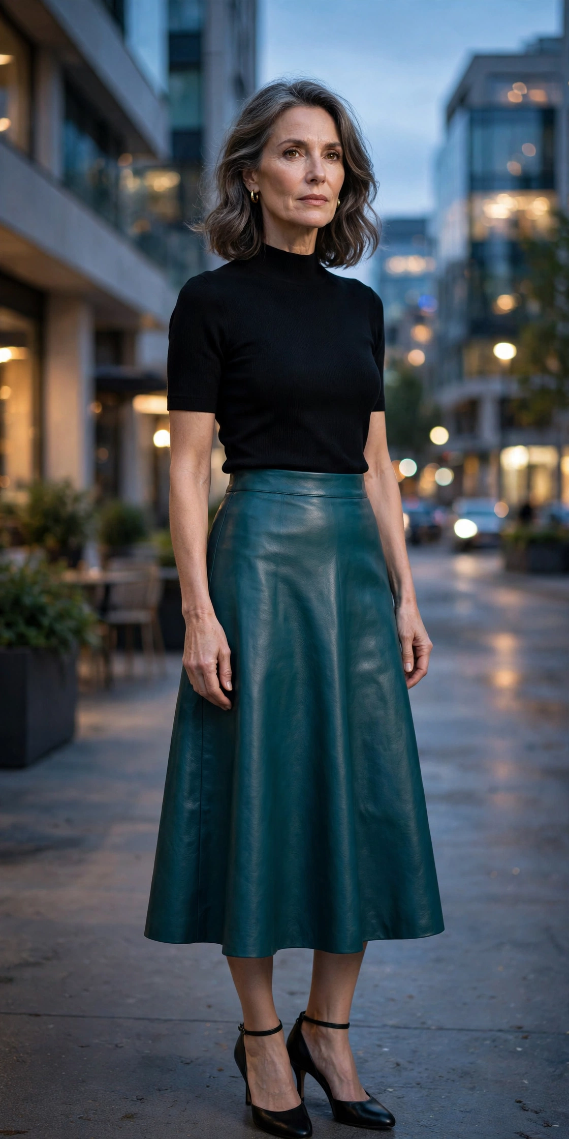 Teal Leather Midi Black Top - leather skirt outfit for women over 50