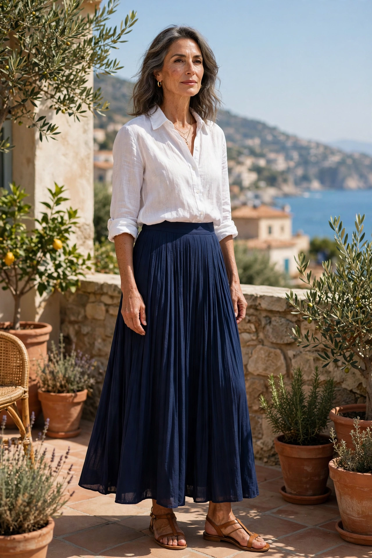 Navy Maxi White Linen Shirt Sandals - maxi skirt outfit for women over 50