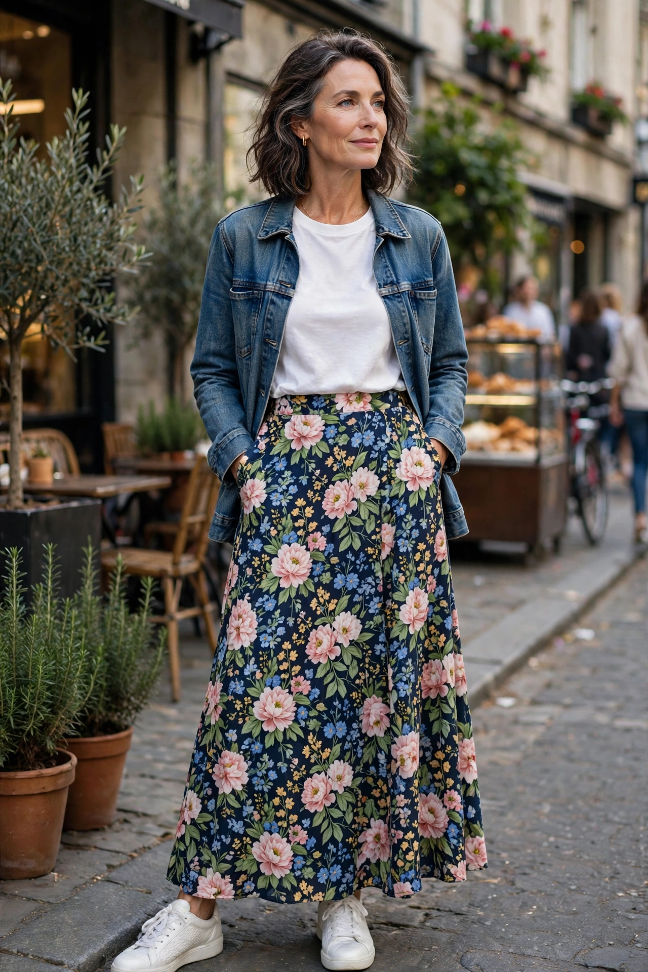 Floral Maxi White Tee Denim Jacket - maxi skirt outfit for women over 50