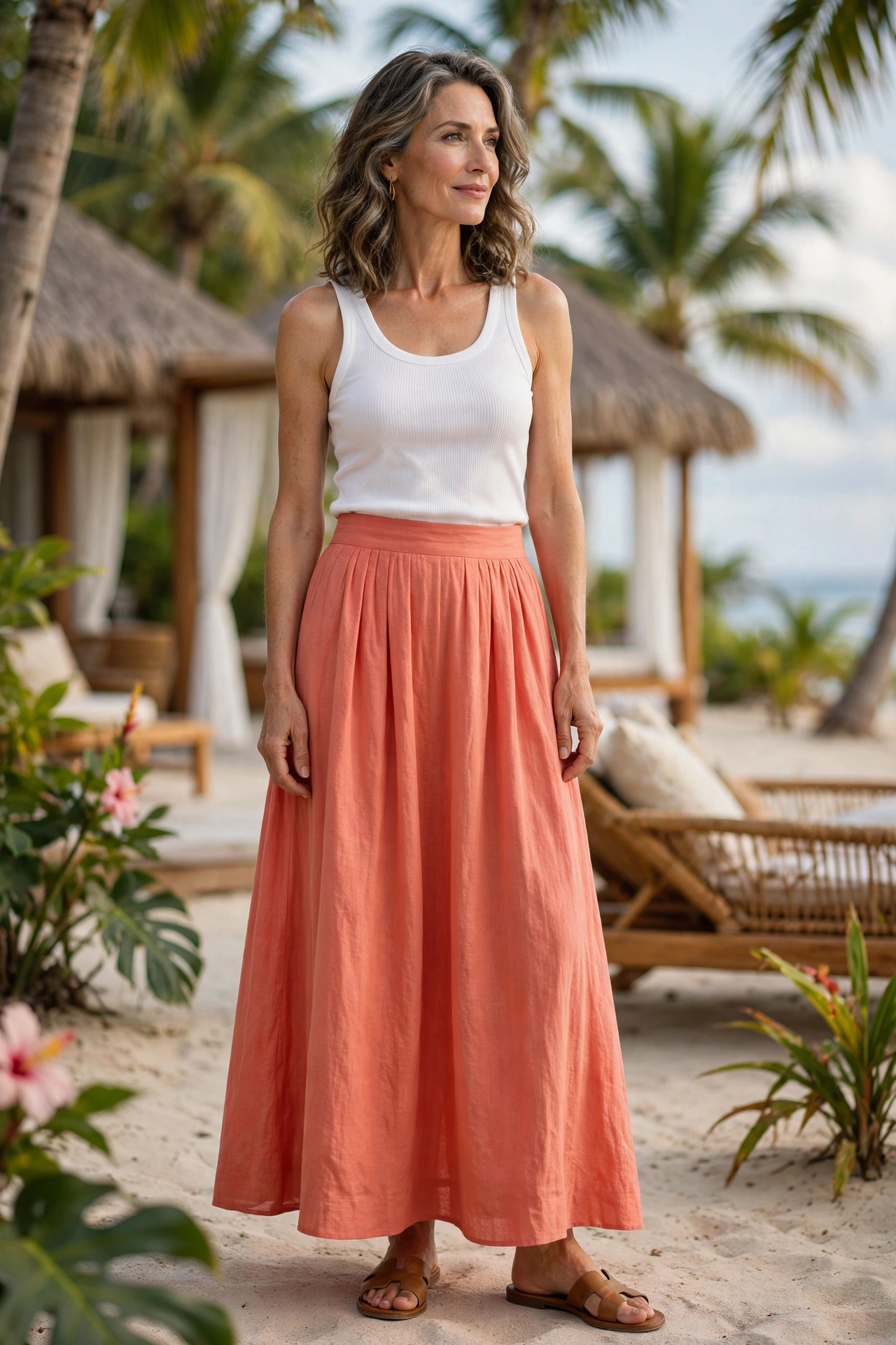 Coral Maxi White Tank Vacation - maxi skirt outfit for women over 50
