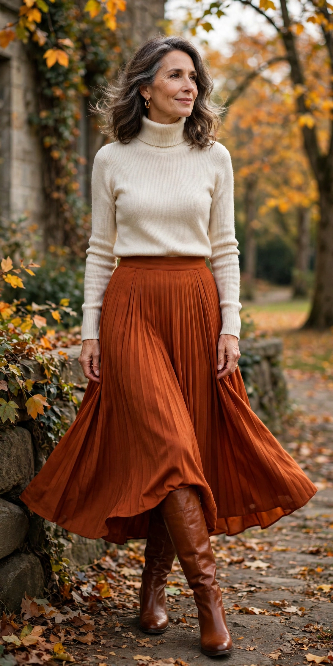 Rust Maxi Cream Turtleneck Tall Boots - maxi skirt outfit for women over 50