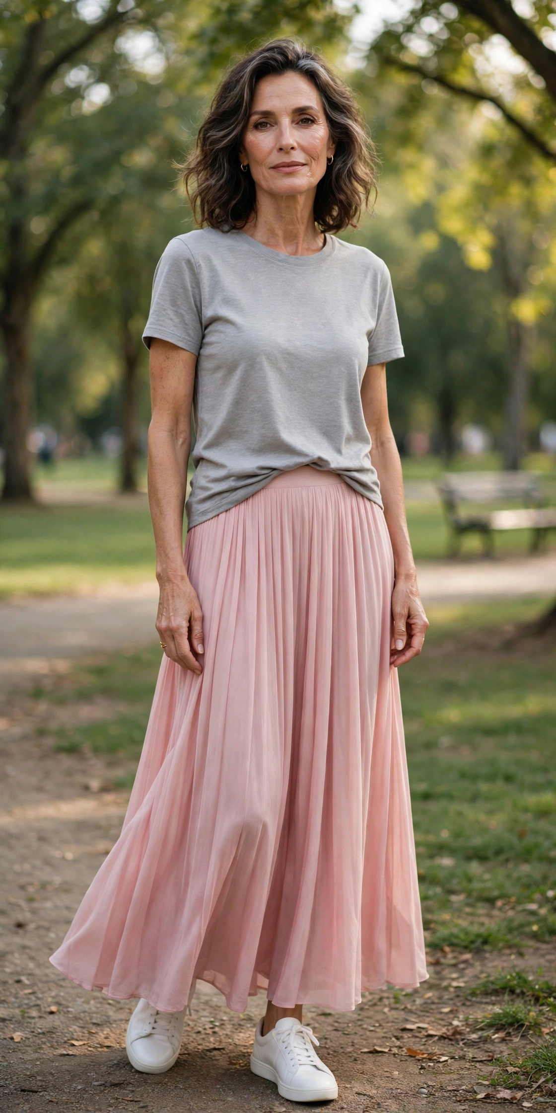 Pink Maxi Gray Tee Sneakers - maxi skirt outfit for women over 50