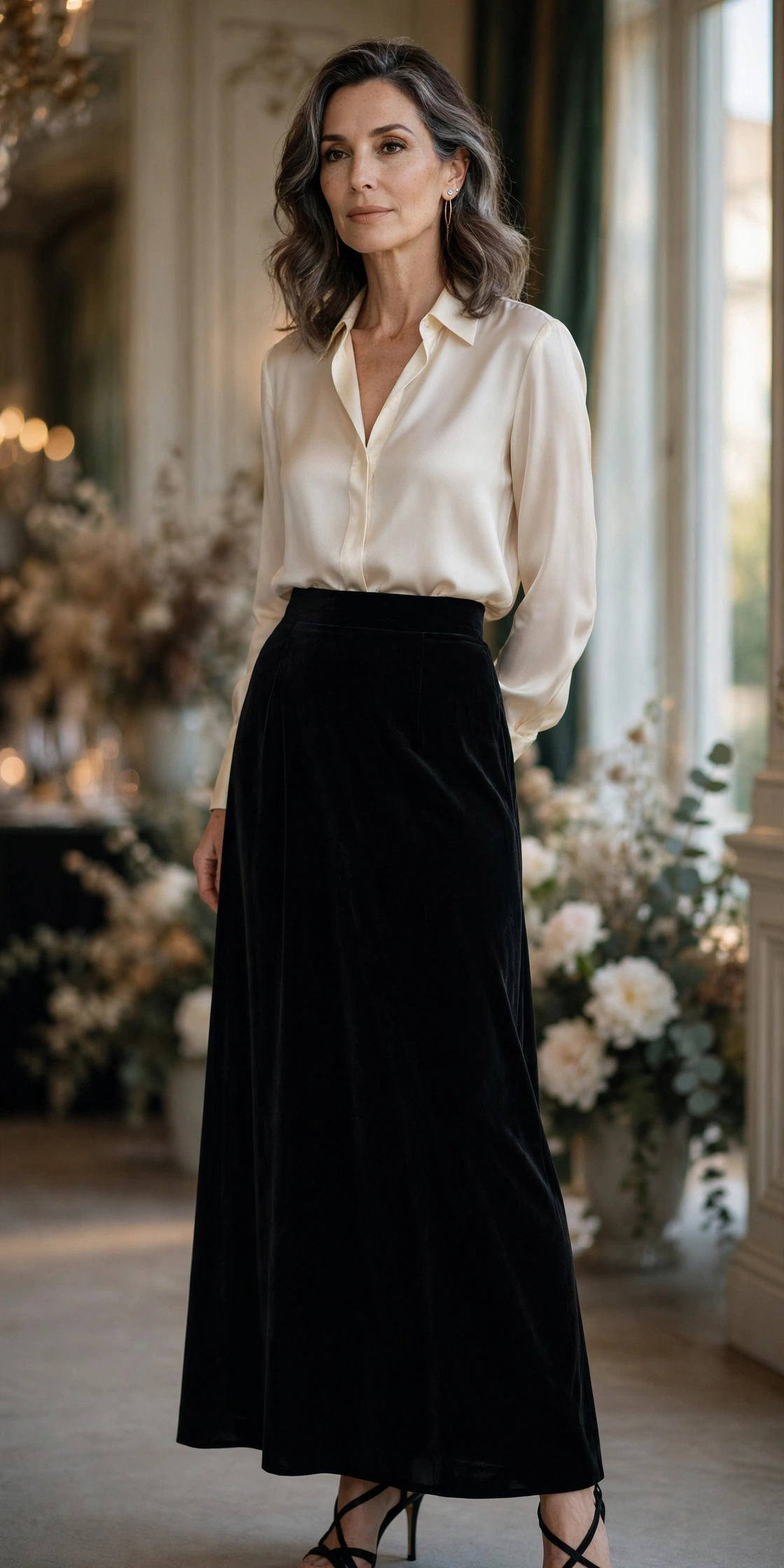 Black Velvet Maxi Cream Silk Blouse Evening - maxi skirt outfit for women over 50