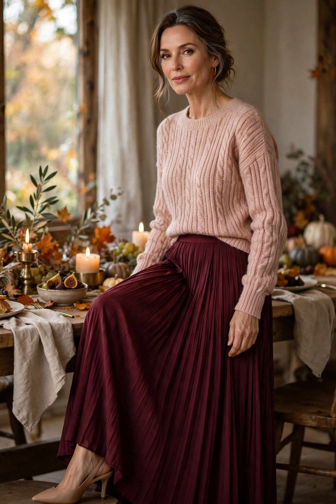 Burgundy Maxi Blush Sweater - maxi skirt outfit for women over 50