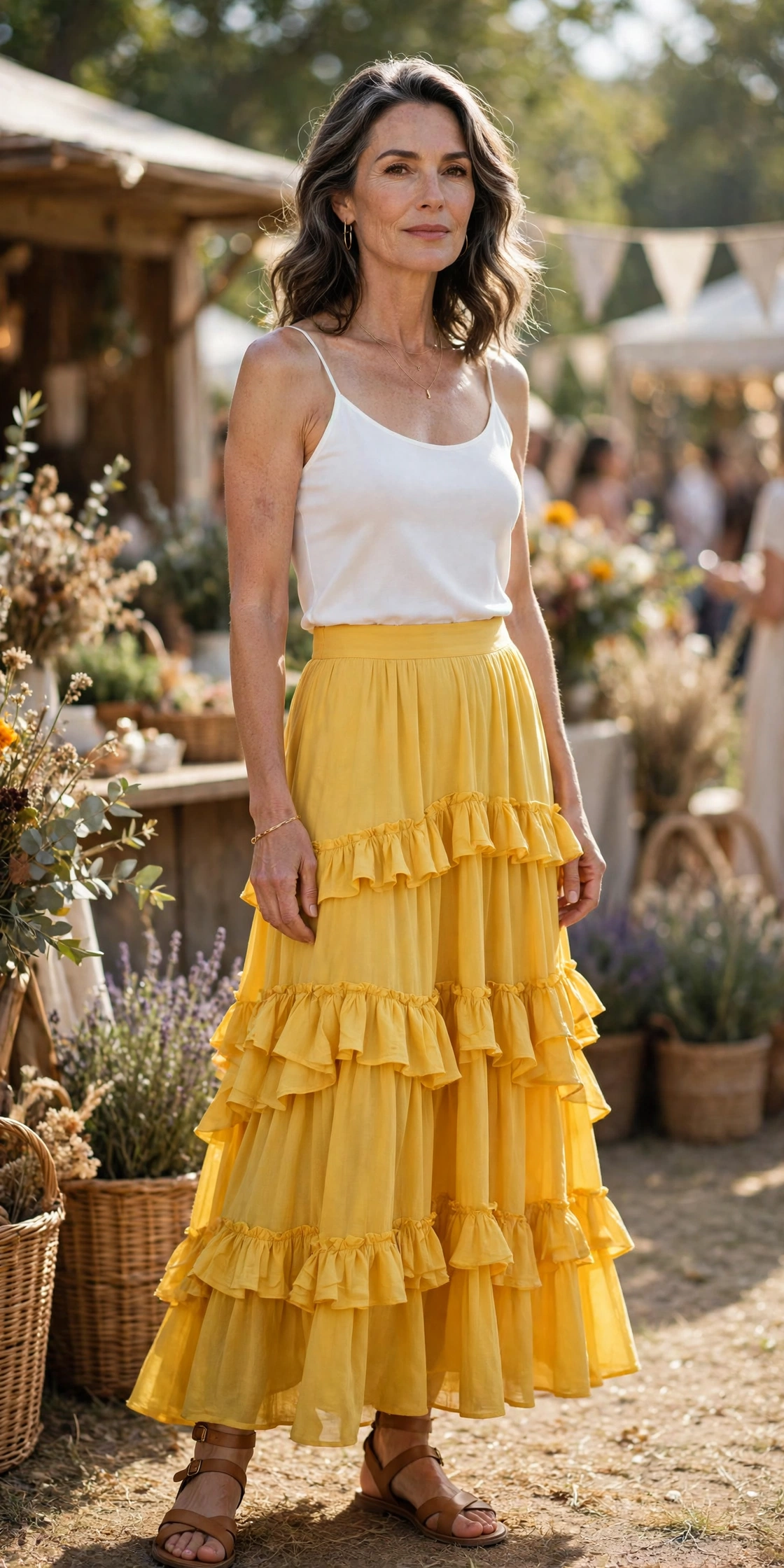 Tiered Yellow Maxi White Cami - maxi skirt outfit for women over 50