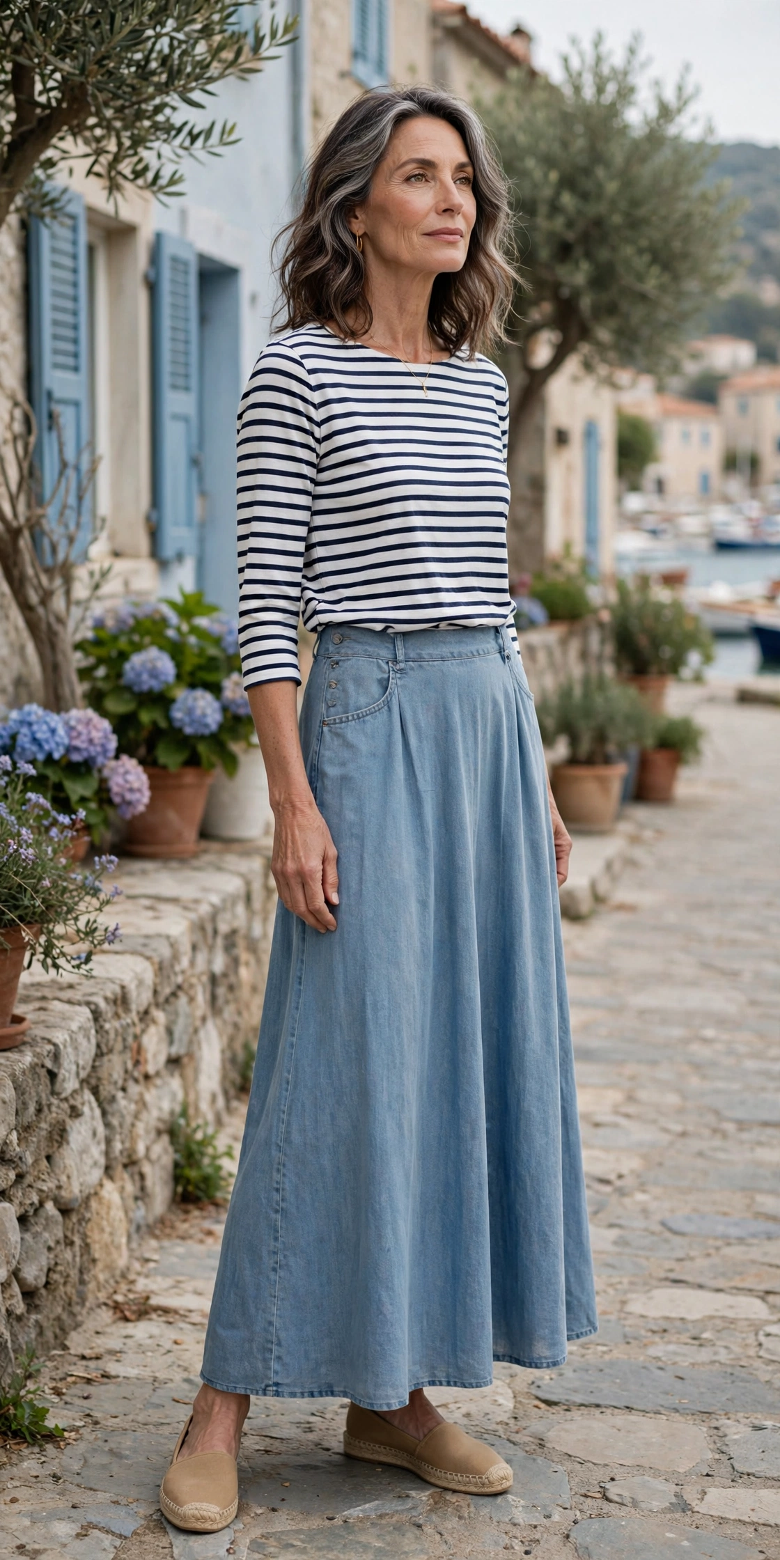 Chambray Maxi Striped Top - maxi skirt outfit for women over 50