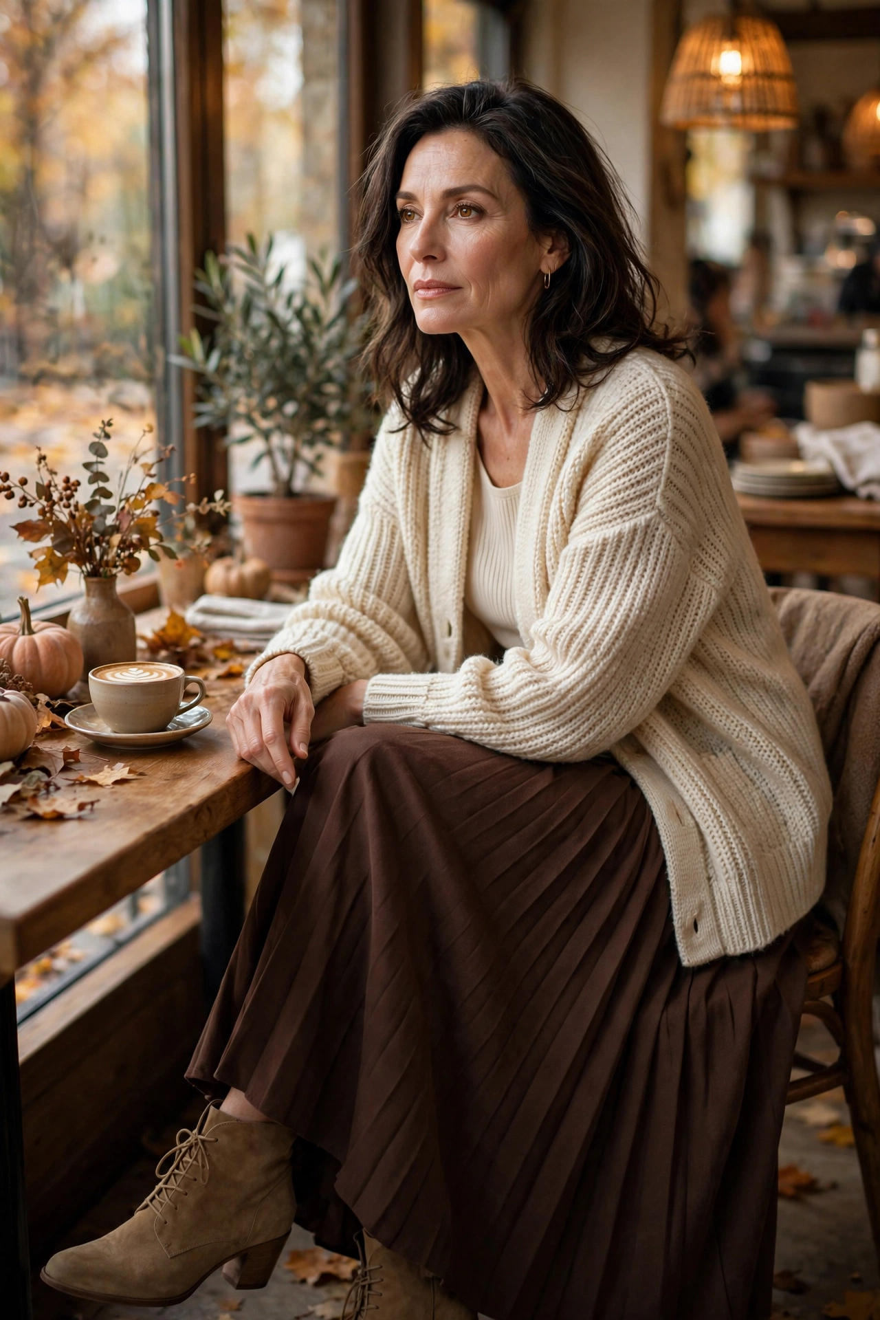 Brown Maxi Cream Cardigan - maxi skirt outfit for women over 50