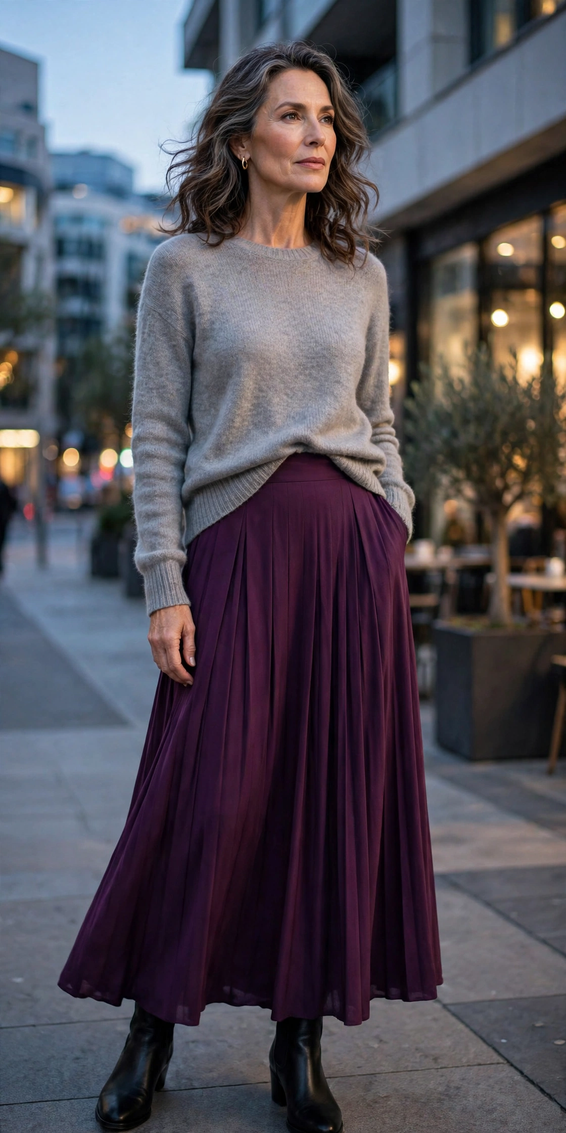 Plum Maxi Gray Knit - maxi skirt outfit for women over 50