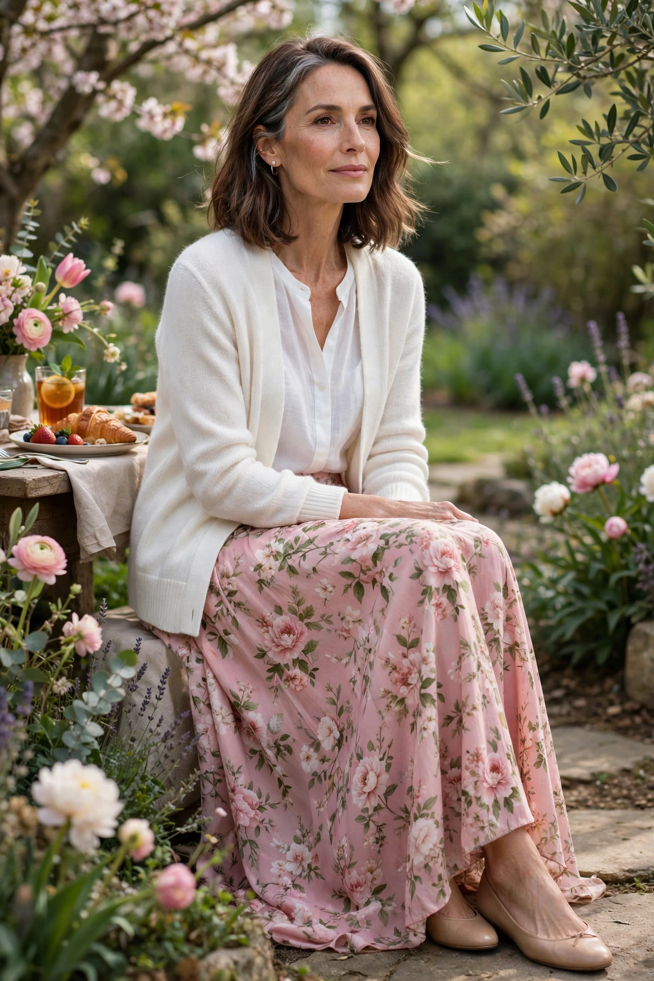 Pink Floral Maxi White Cardigan Spring - maxi skirt outfit for women over 50