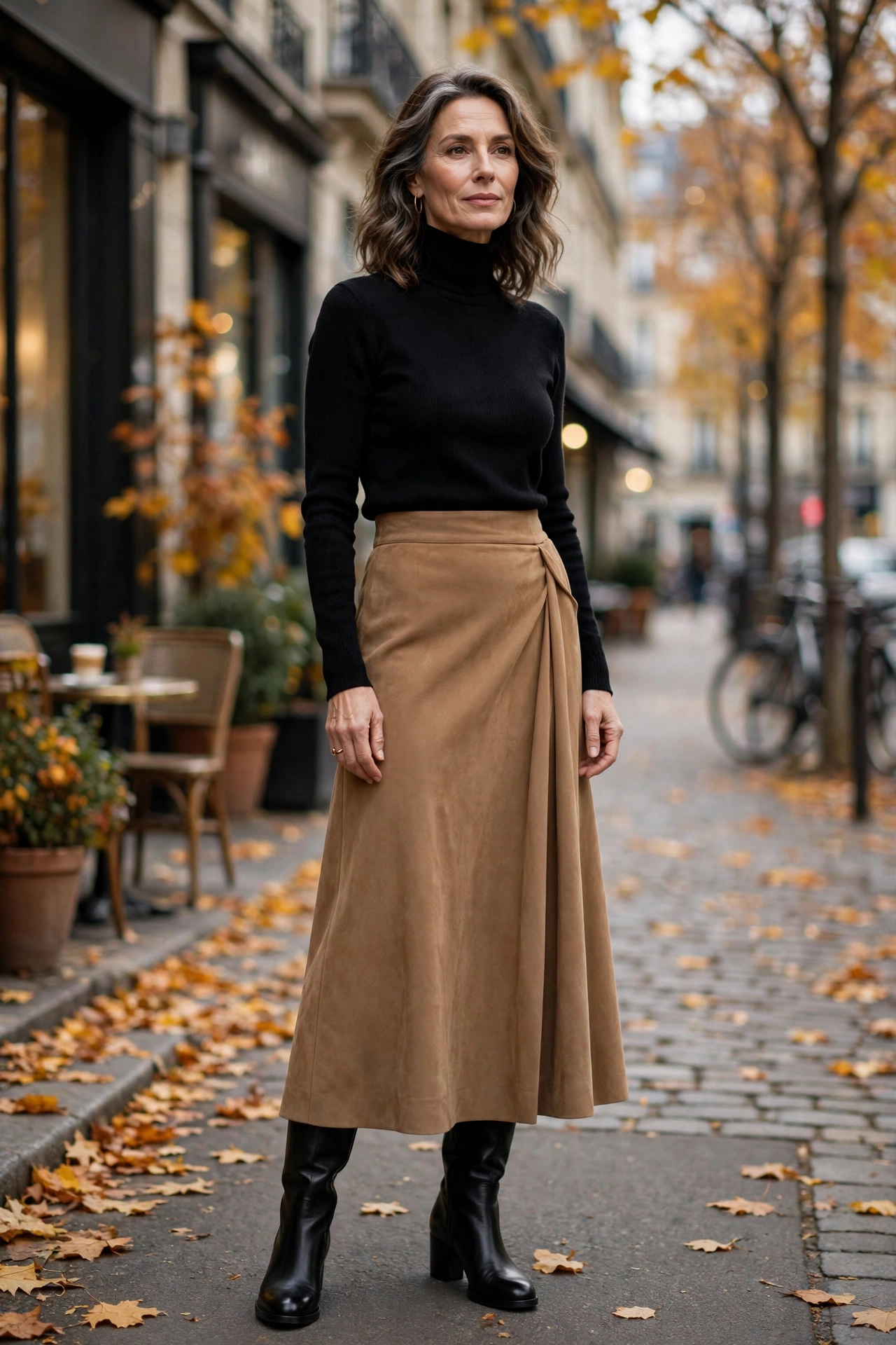 Camel Maxi Black Turtleneck - maxi skirt outfit for women over 50