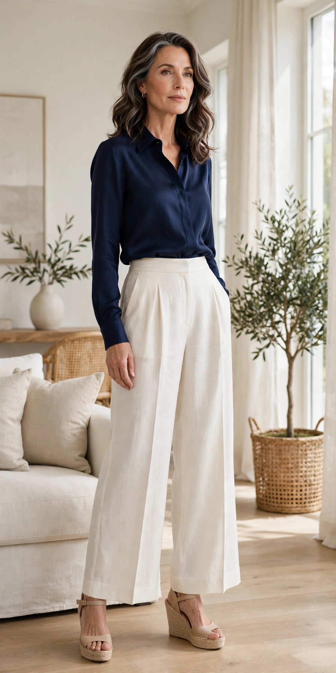 Ivory Palazzo Navy Blouse Tucked - palazzo pants outfit for women over 50