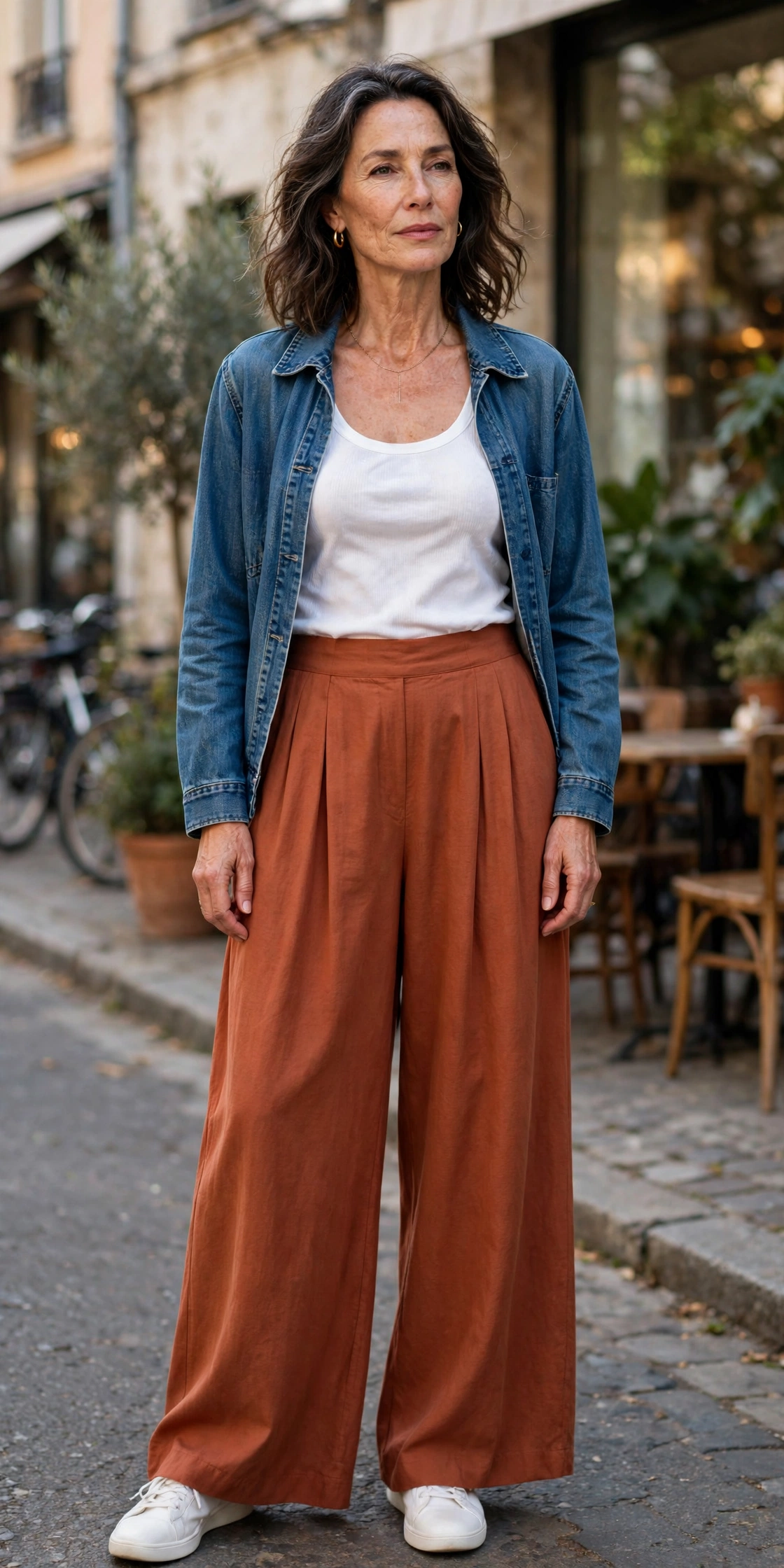 Terracotta Palazzo White Tank Denim Jacket - palazzo pants outfit for women over 50