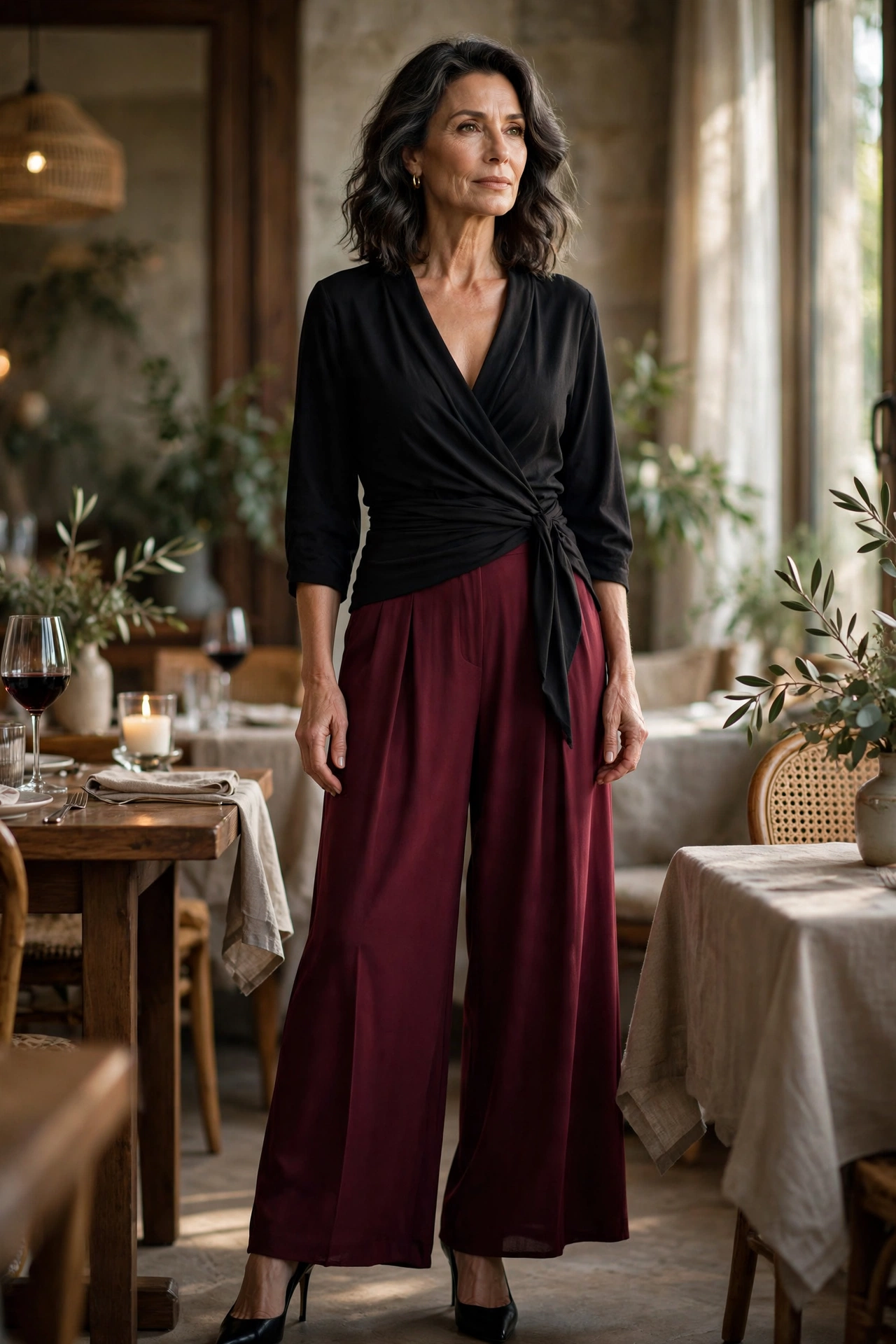 Burgundy Palazzo Black Wrap Top - palazzo pants outfit for women over 50