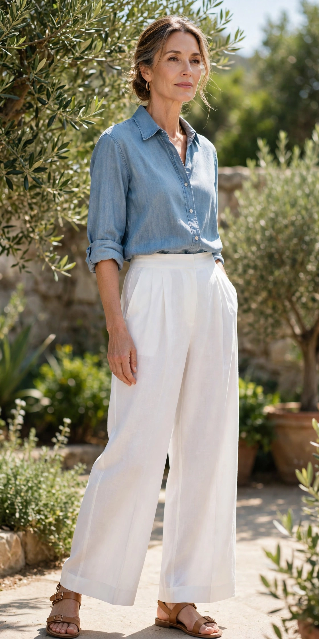 White Palazzo Chambray Shirt - palazzo pants outfit for women over 50