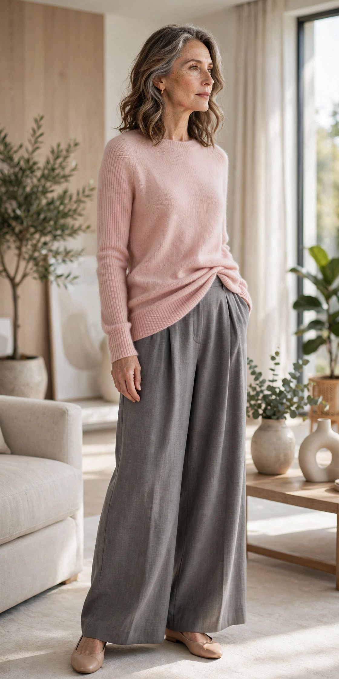 Gray Palazzo Blush Sweater - palazzo pants outfit for women over 50