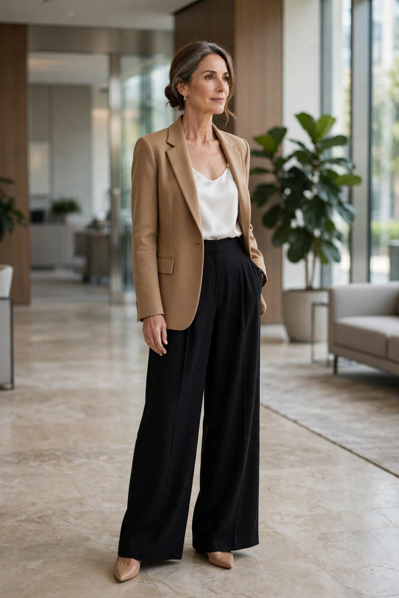 Black Palazzo Camel Blazer Work - palazzo pants outfit for women over 50