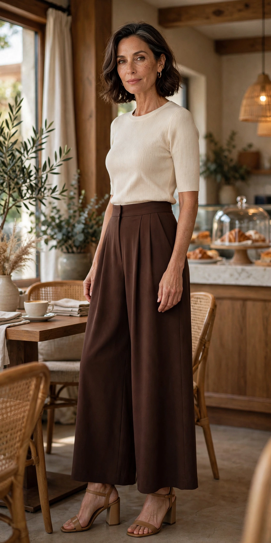 Brown Palazzo Cream Top - palazzo pants outfit for women over 50