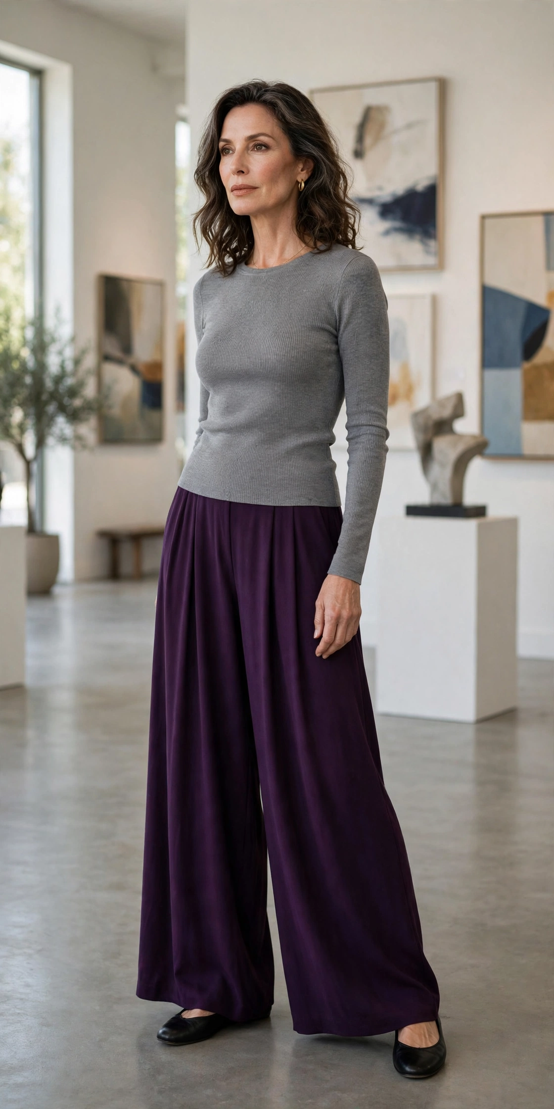 Purple Palazzo Gray Top - palazzo pants outfit for women over 50