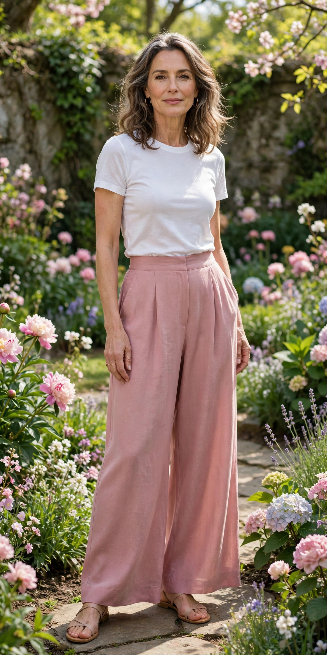 Pink Palazzo White Tee - palazzo pants outfit for women over 50