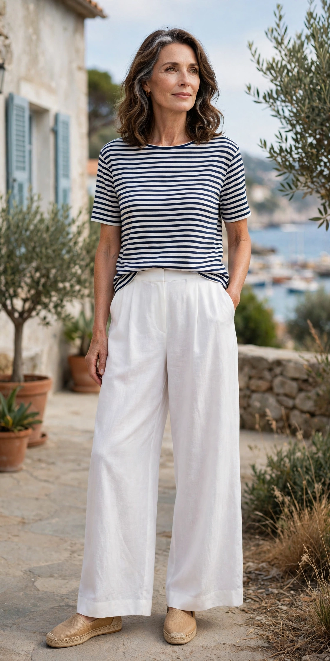 White Palazzo Navy Striped Top - palazzo pants outfit for women over 50