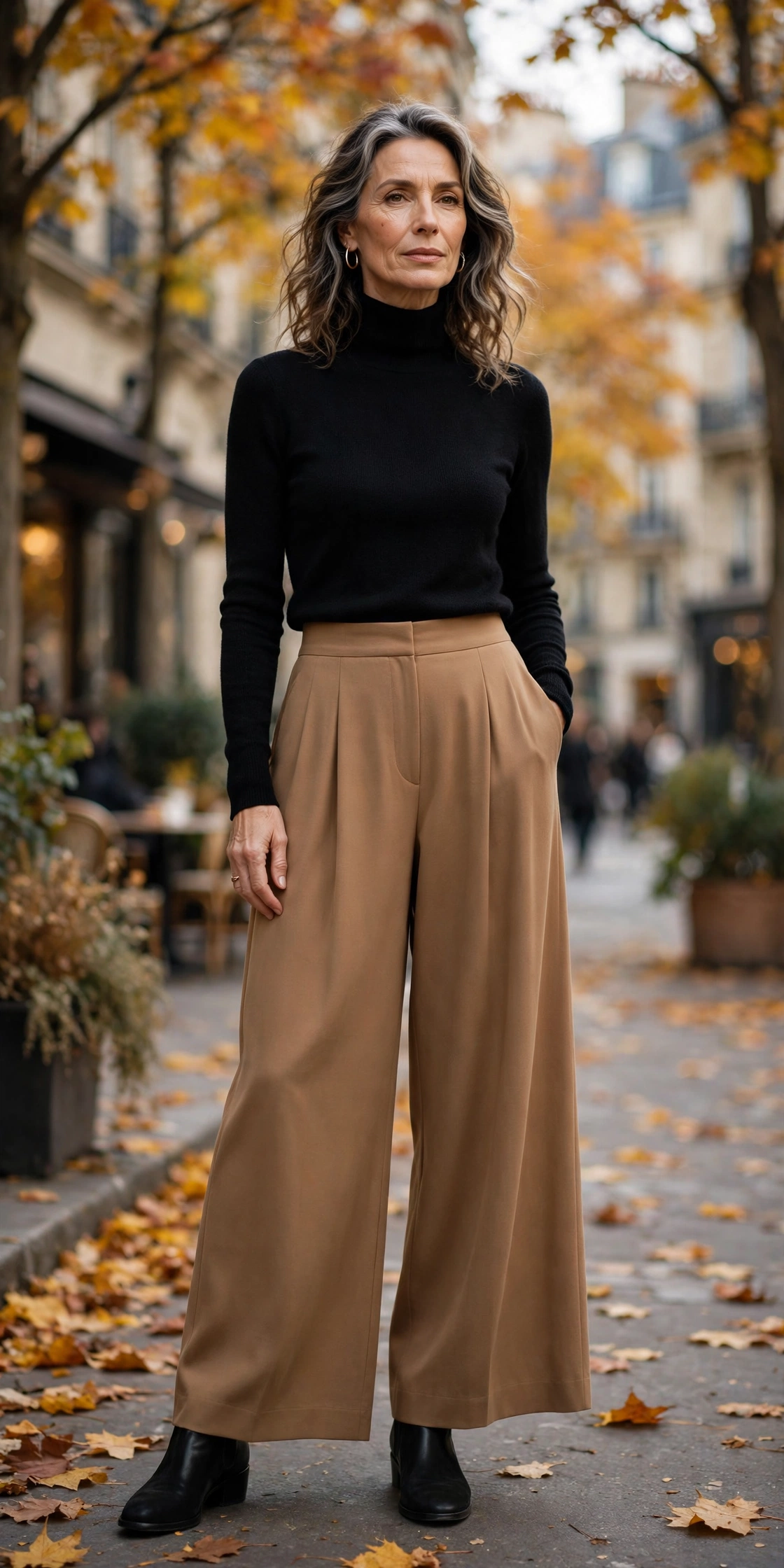 Camel Palazzo Black Turtleneck - palazzo pants outfit for women over 50
