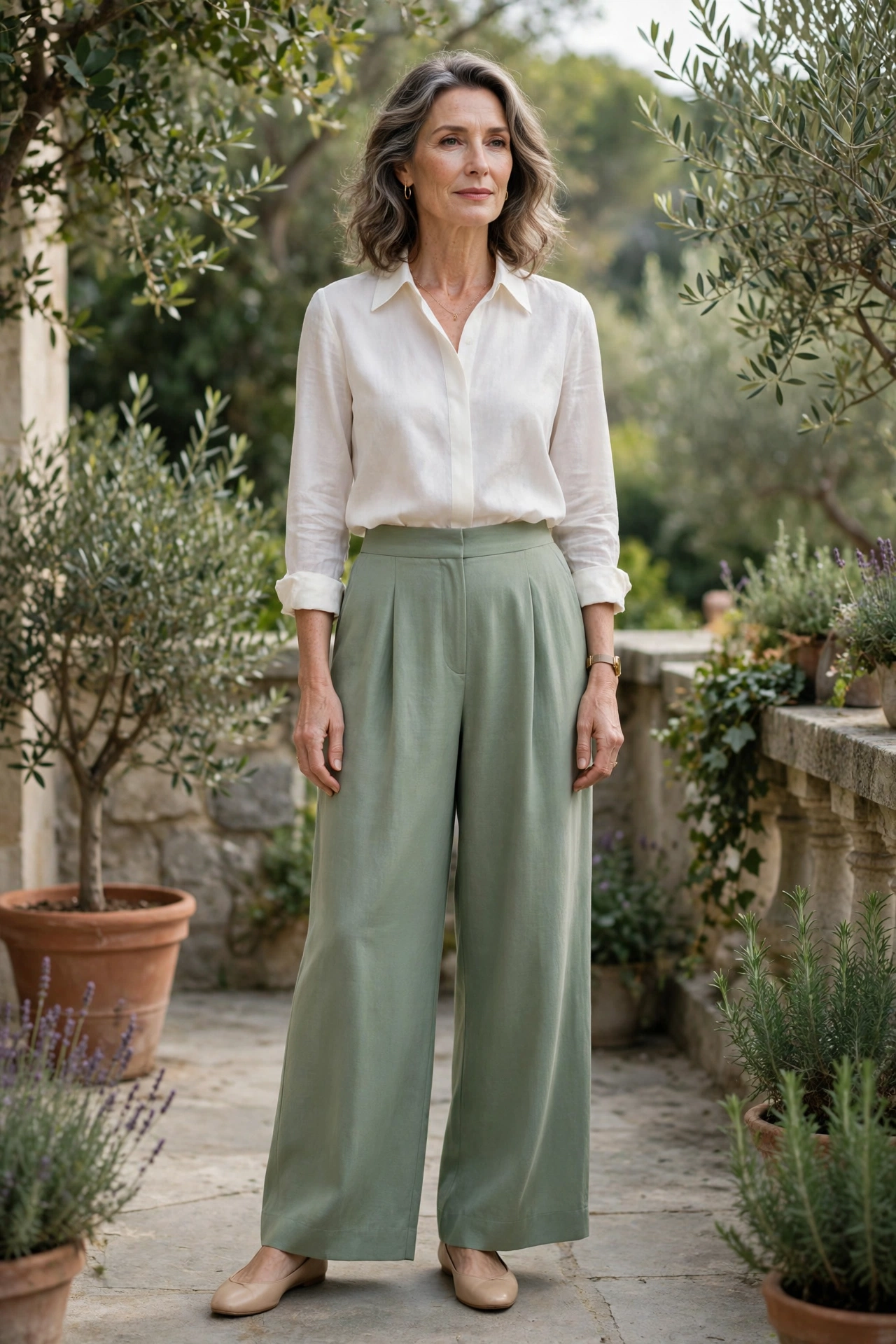 Sage Palazzo Ivory Blouse - palazzo pants outfit for women over 50