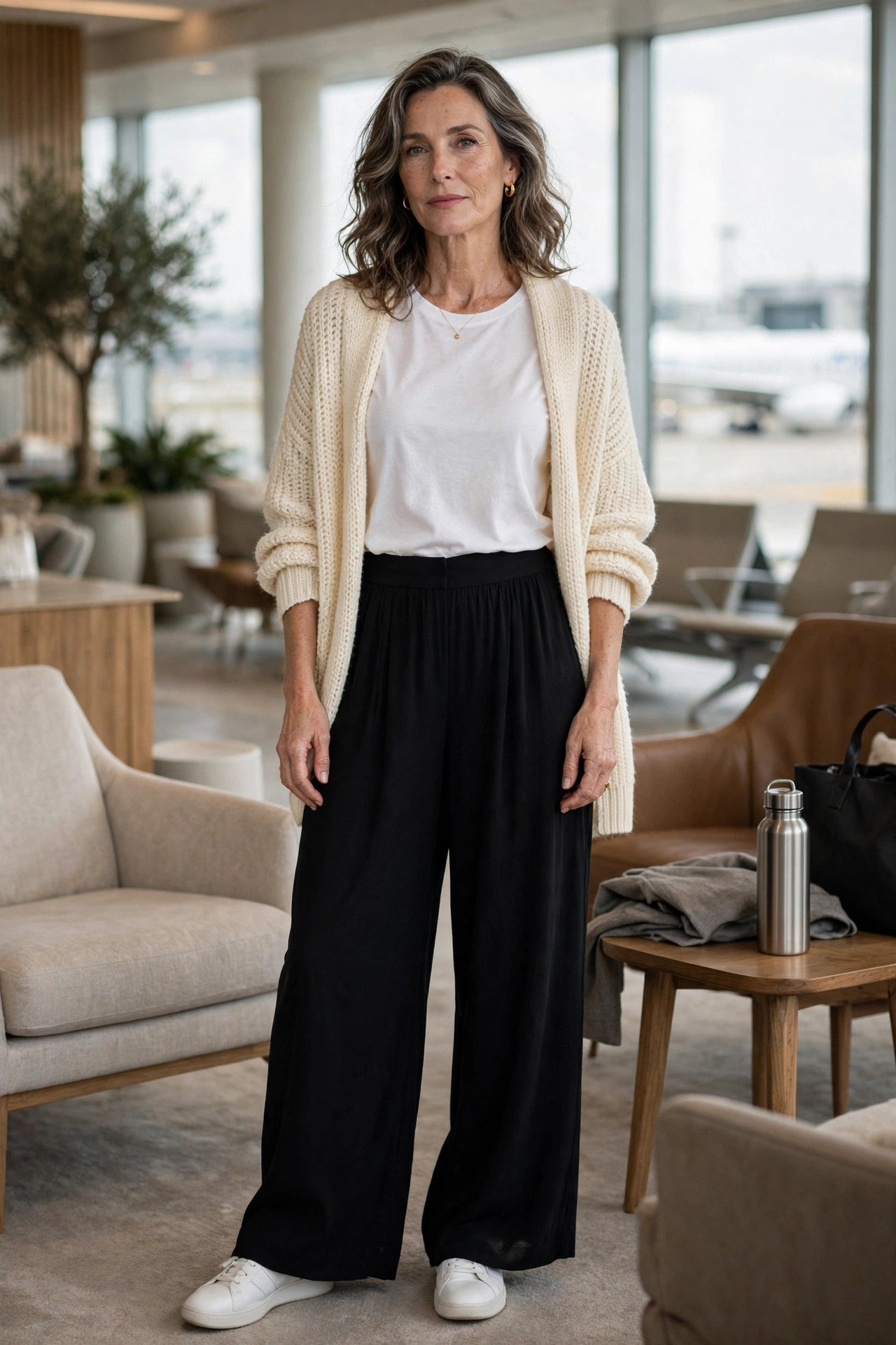 Black Palazzo Cream Cardigan Travel - palazzo pants outfit for women over 50