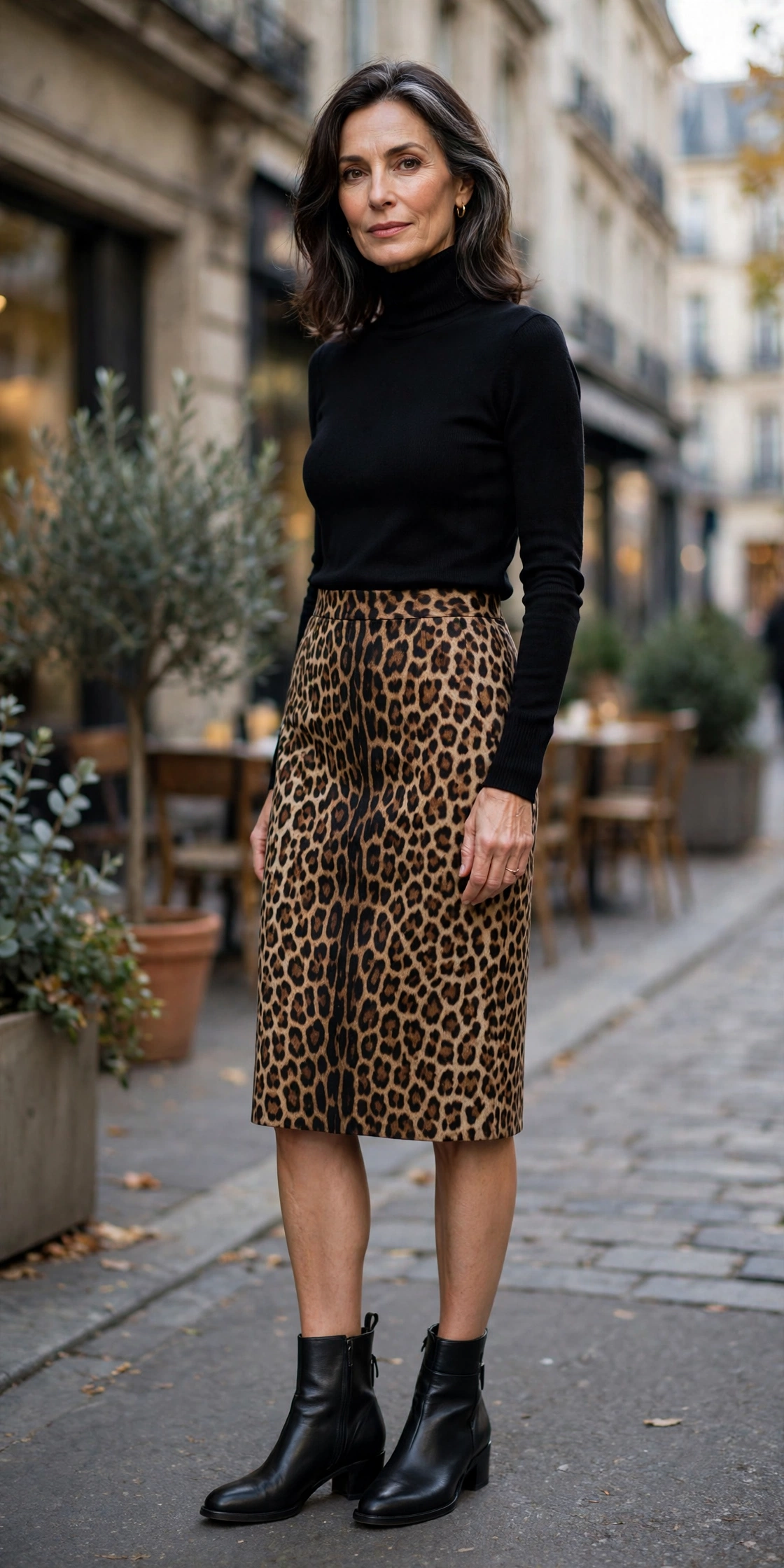 Leopard Pencil Black Turtleneck - pencil skirt outfit for women over 50