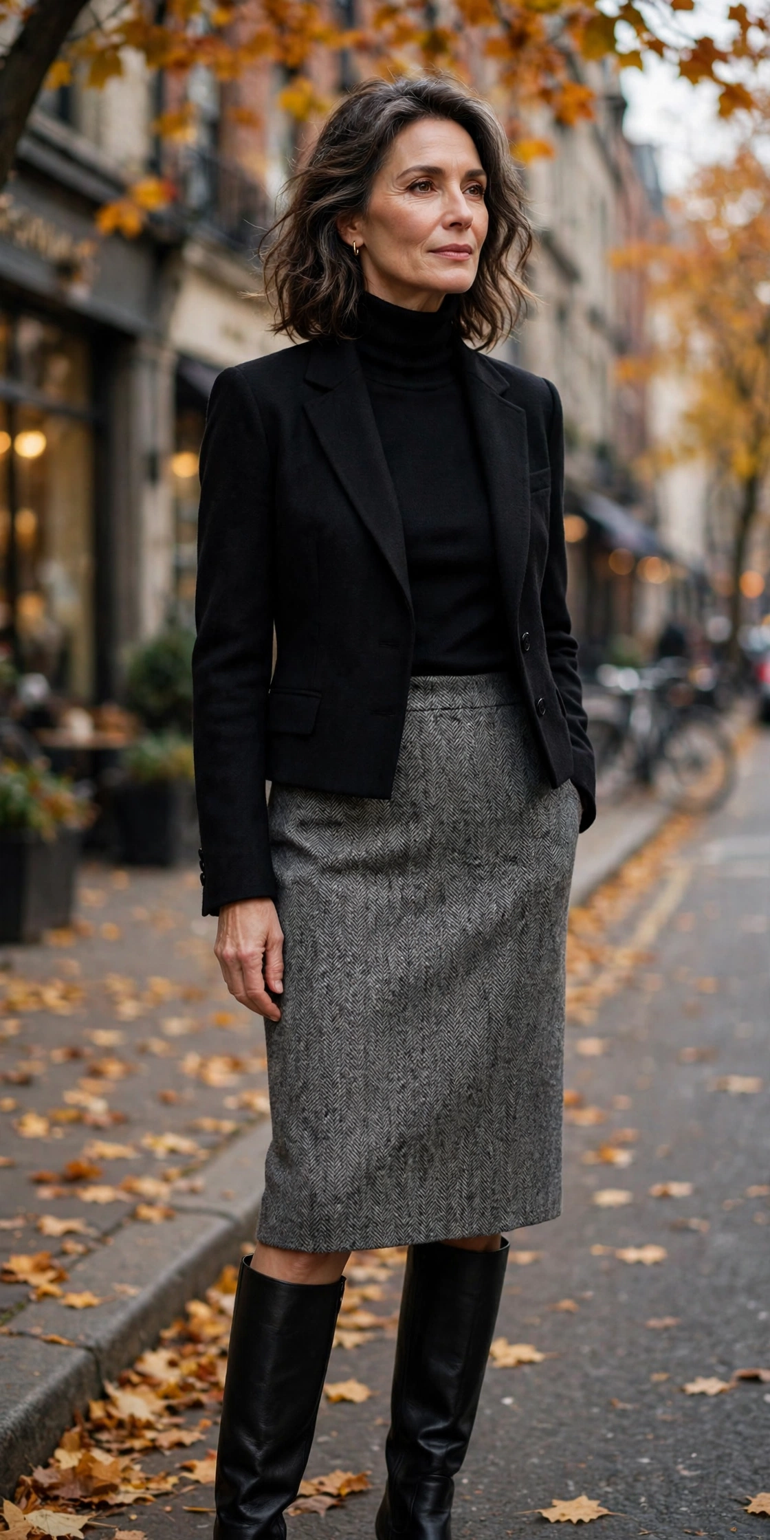 Gray Tweed Pencil Black Turtleneck Cropped Blazer - pencil skirt outfit for women over 50