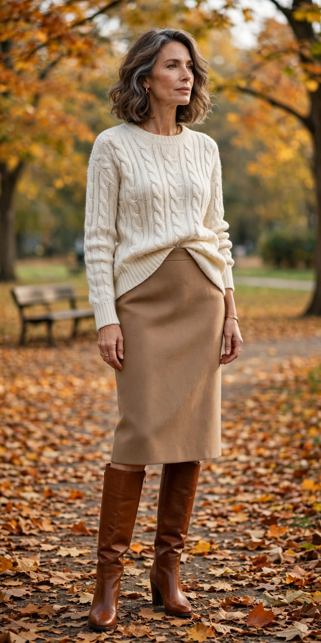 Camel Pencil Ivory Cable-Knit Sweater - pencil skirt outfit for women over 50