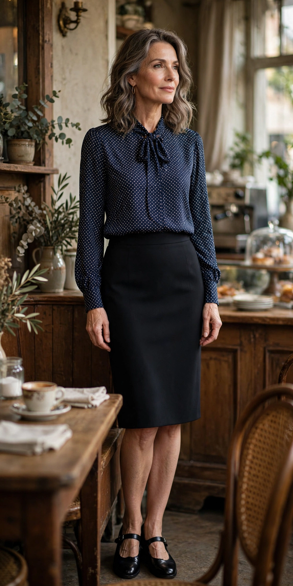 Black Pencil Polka-Dot Blouse - pencil skirt outfit for women over 50