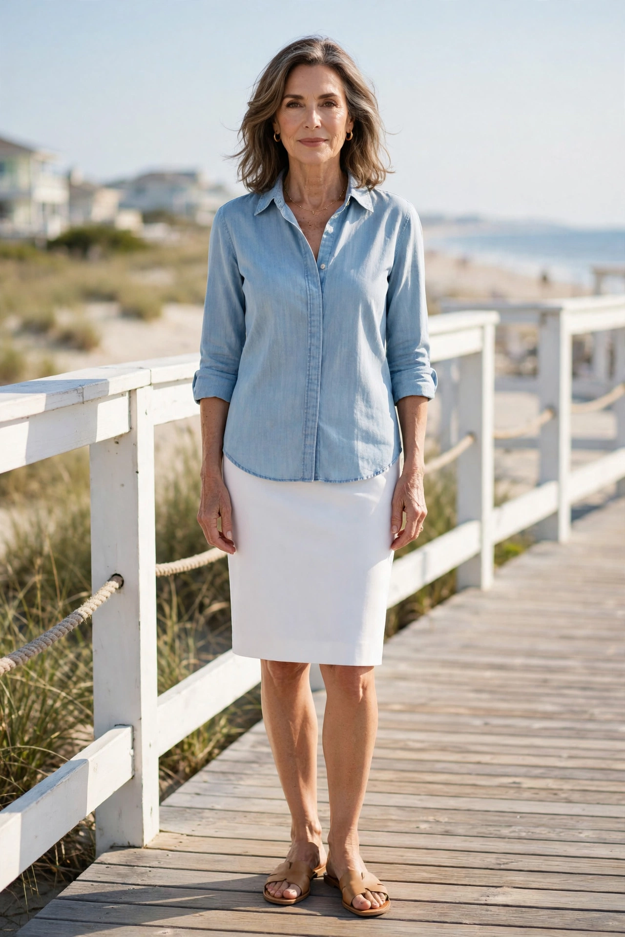 White Pencil Chambray Shirt - pencil skirt outfit for women over 50