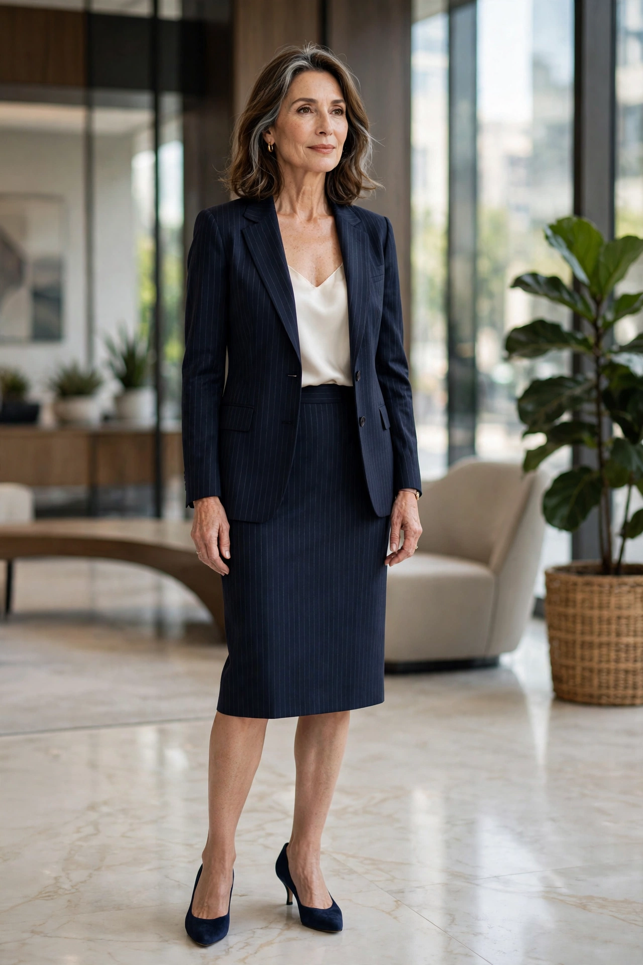 Pinstripe Pencil Solid Shell Blazer - pencil skirt outfit for women over 50