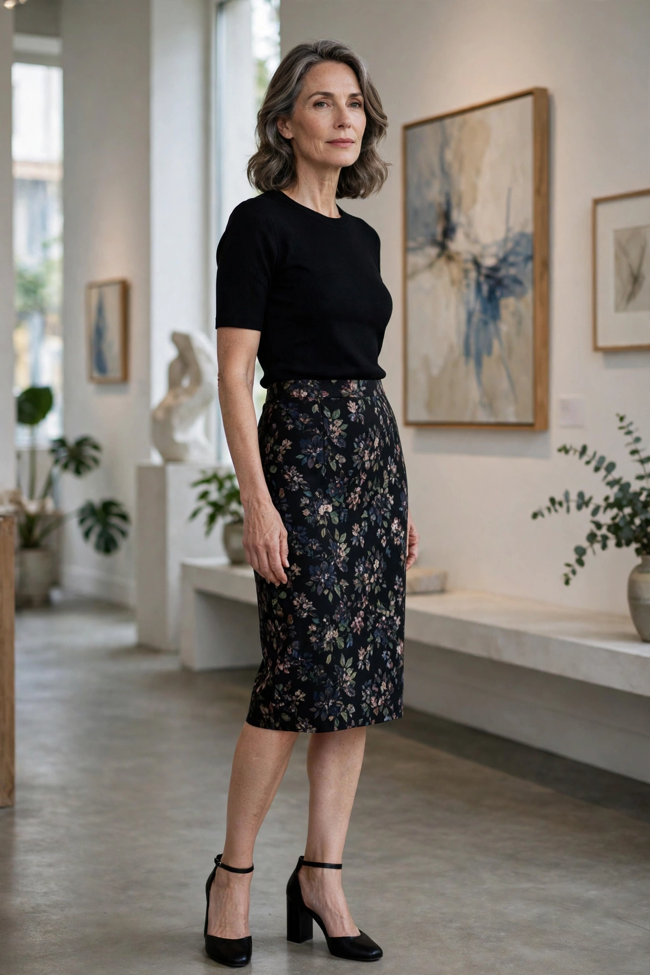 Dark Floral Pencil Black Fitted Top - pencil skirt outfit for women over 50