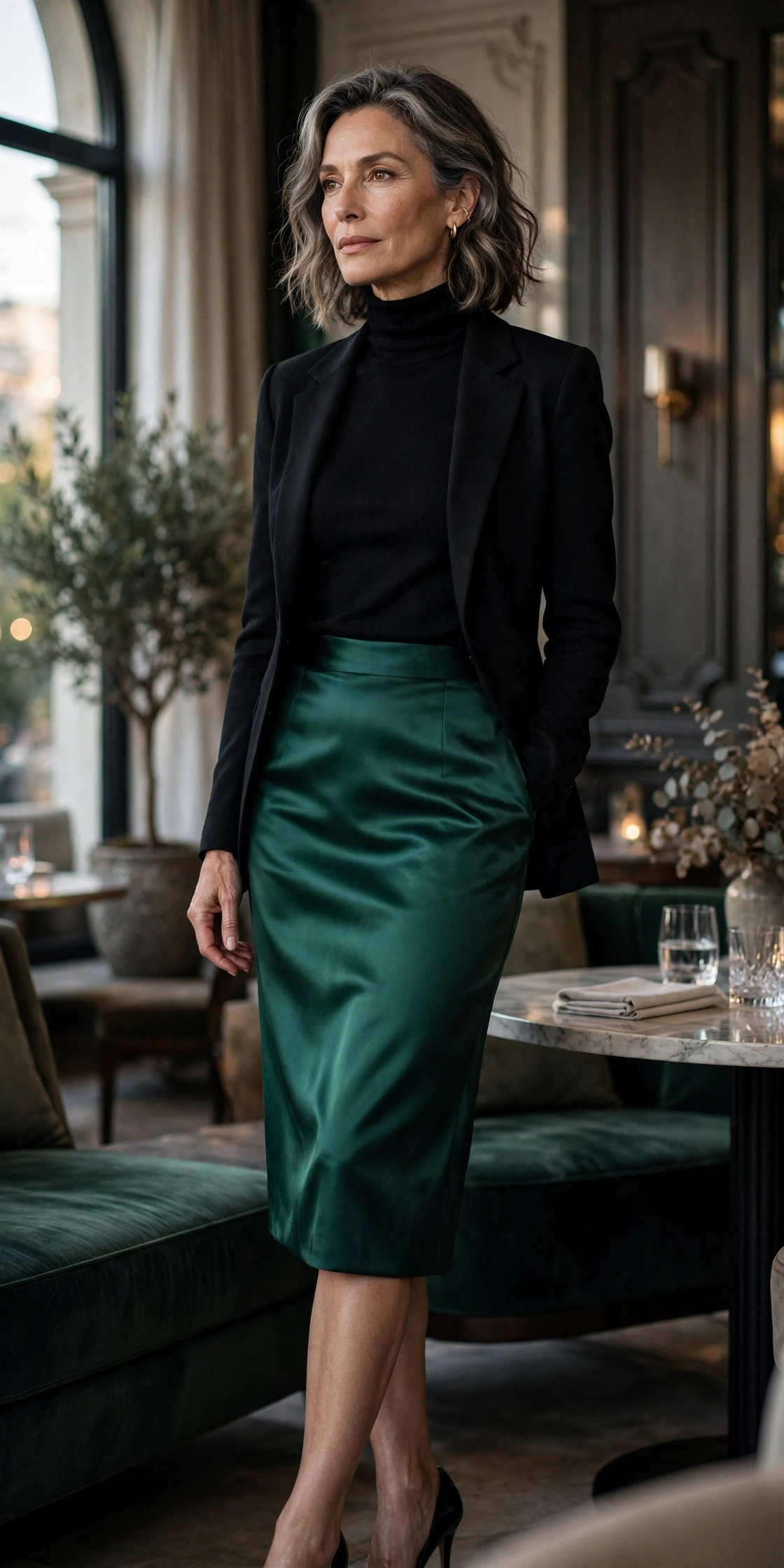 Emerald Satin Pencil Black Blazer - pencil skirt outfit for women over 50