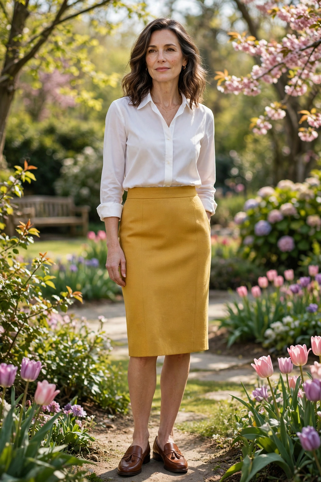 Mustard Pencil White Blouse - pencil skirt outfit for women over 50